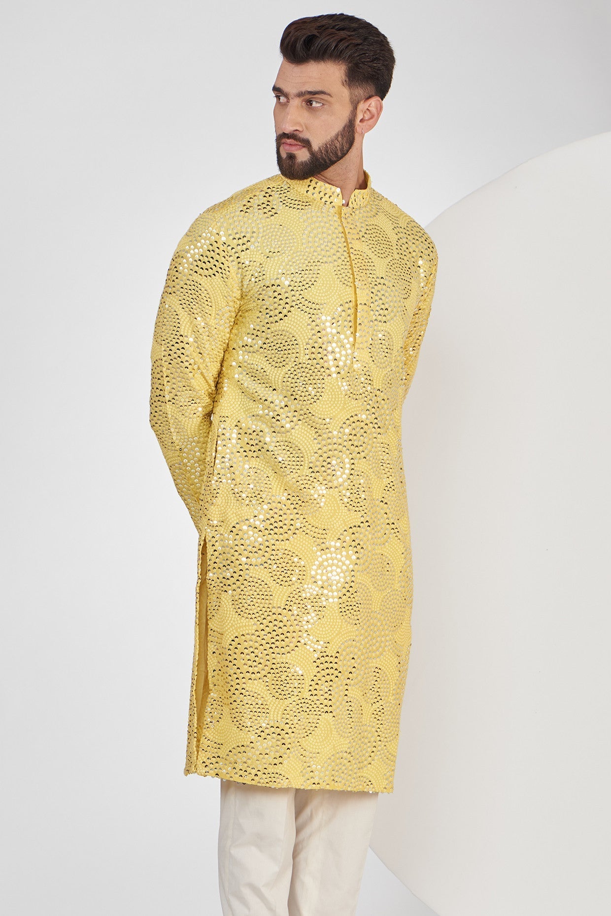 Yellow Embroidered Kurta with intricate sequins work - kasbahmen