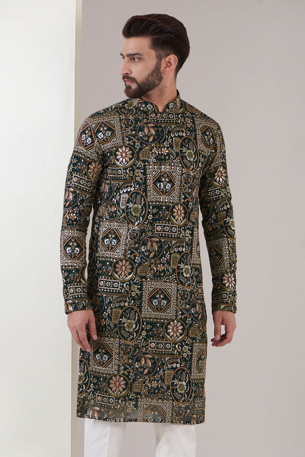 Bottle green embroidered kurta - kasbahmen