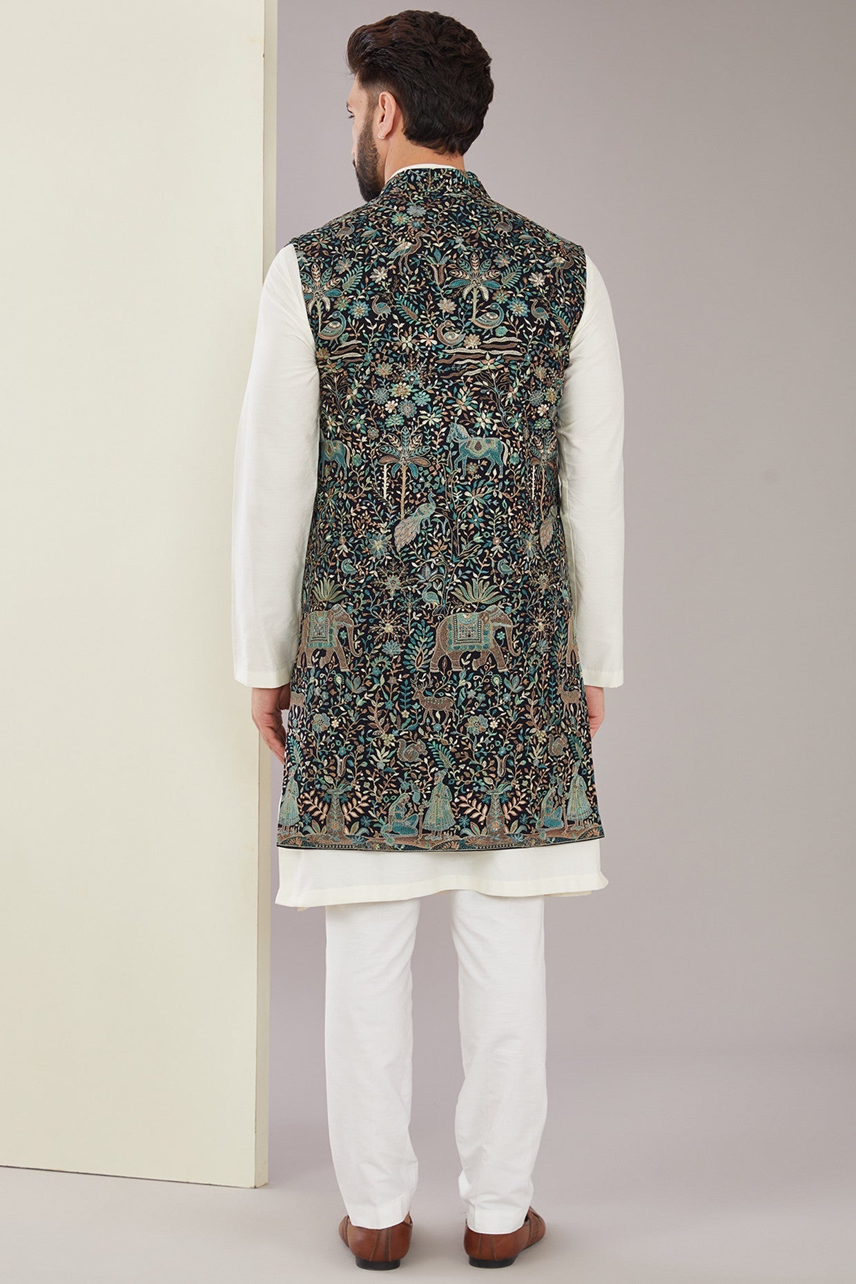 Kashmiri Embroidered Long Open Shrug - kasbahmen