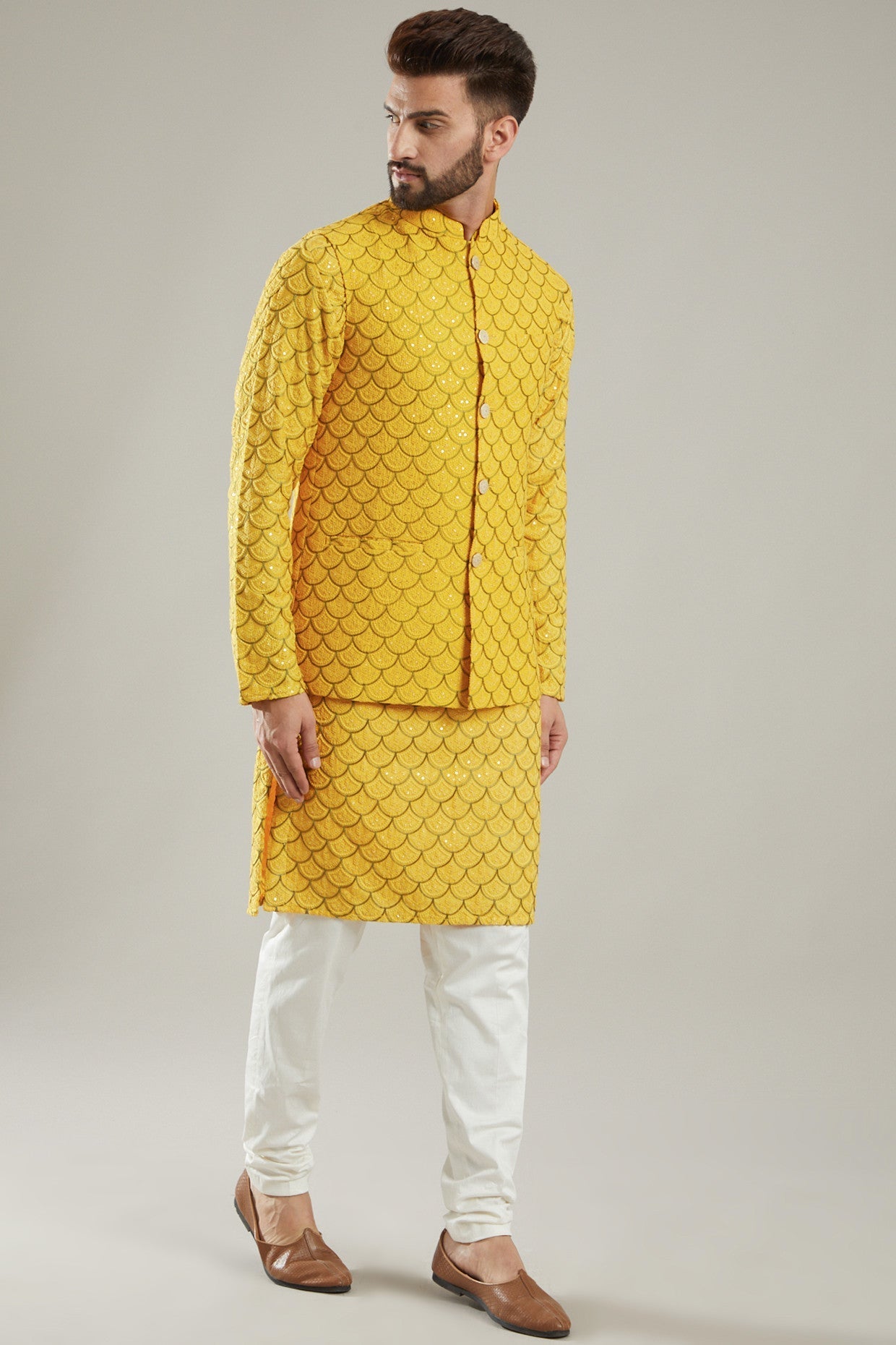 Yellow Silk Embroidered Nehru Jacket With Kurta - kasbahmen