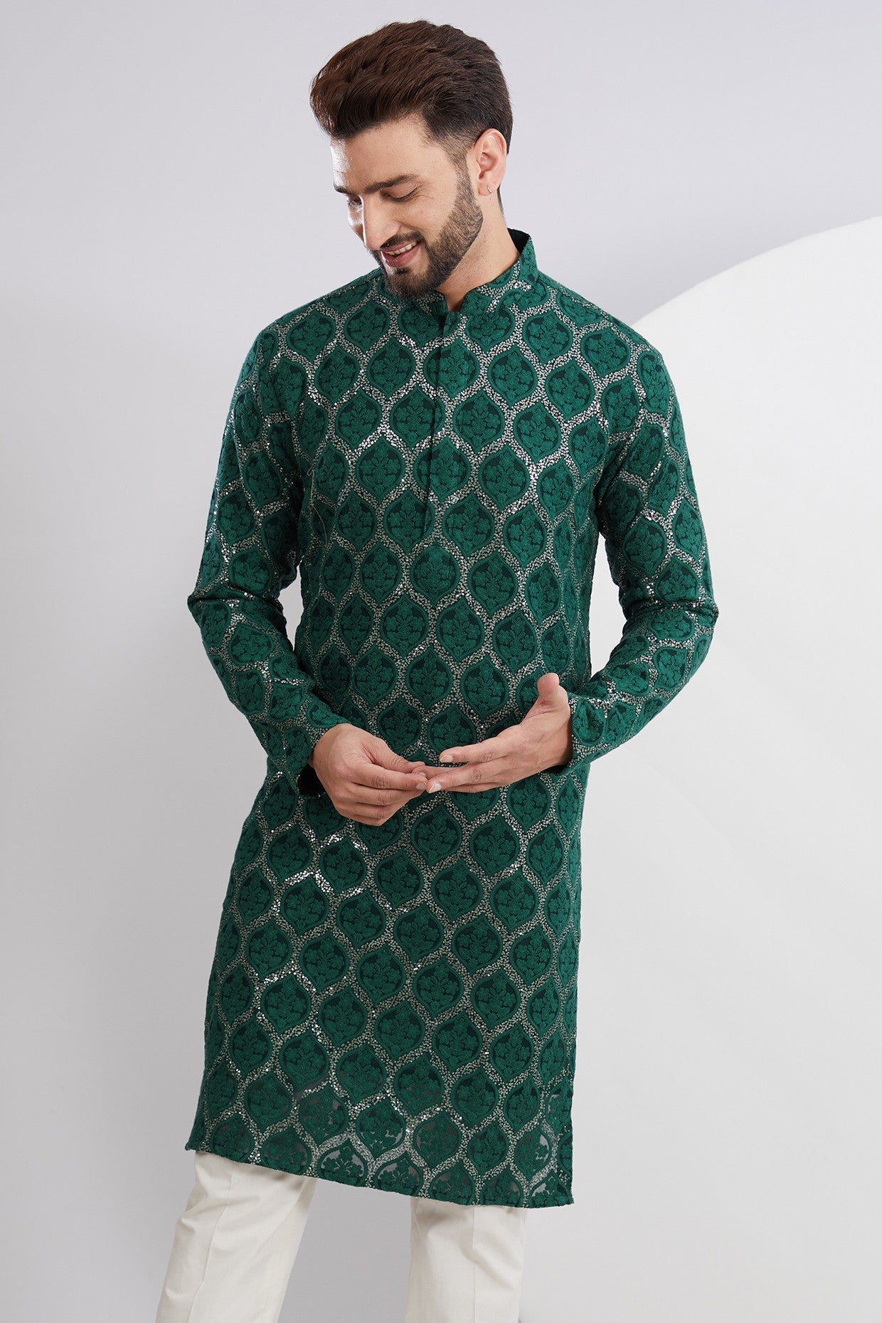 Bottle Green Embroidered Kurta - kasbahmen