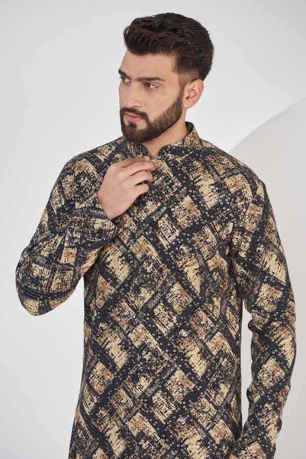 Black and Gold Embroidered Kurta on Print