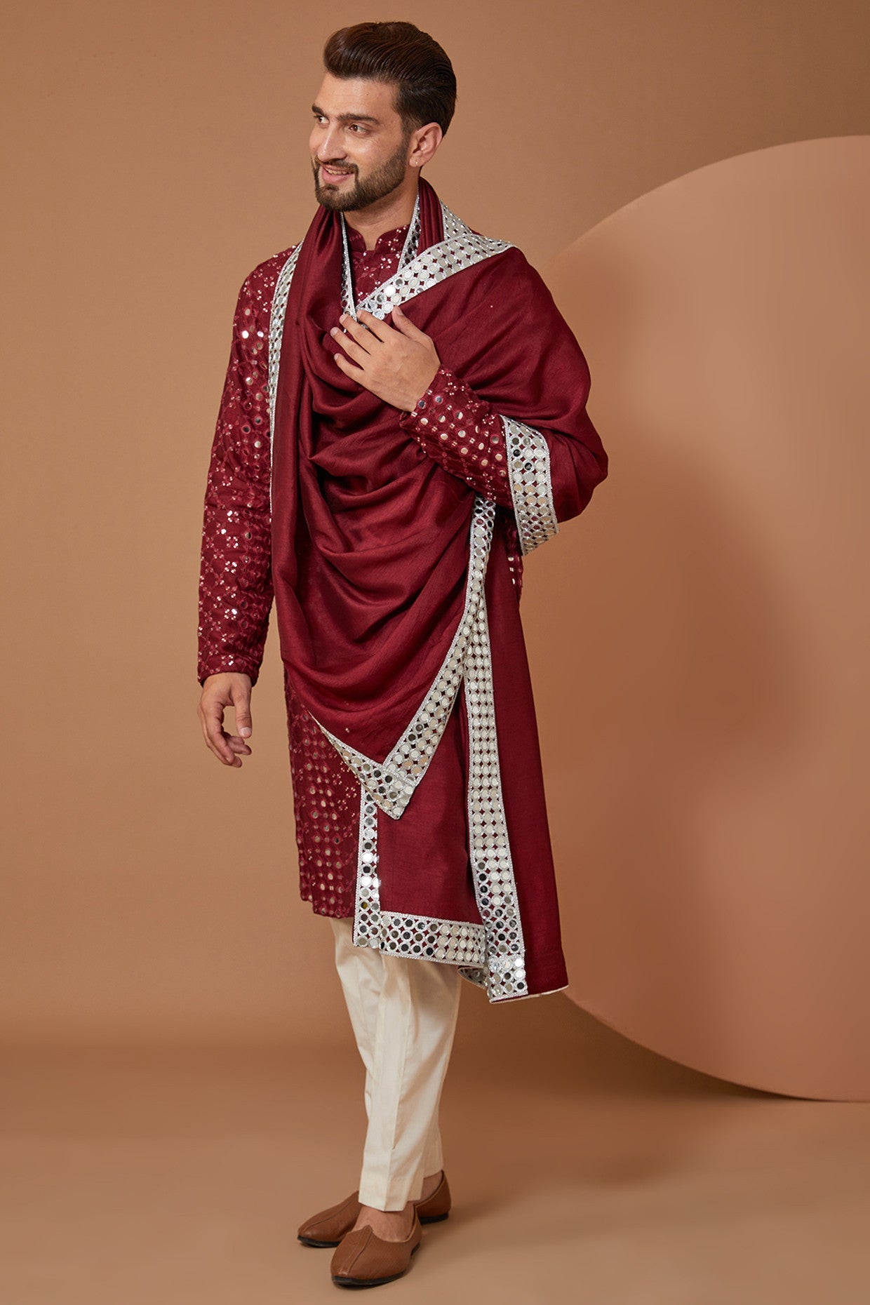 Mud Wine Mirror work Kurta with Stole - kasbahmen