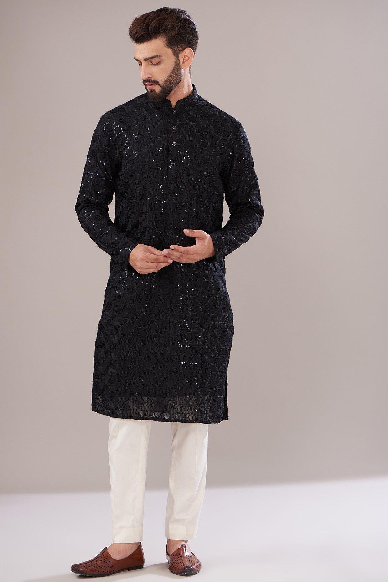 Black Georgette Embroidered Kurta - kasbahmen