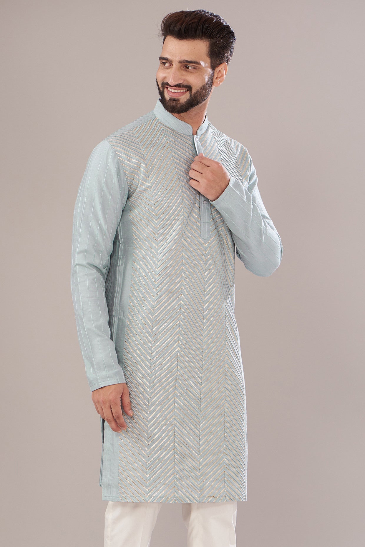 Sierra Blue Slub Silk Embroidered Kurta - kasbahmen