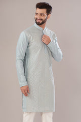 Sierra Blue Slub Silk Embroidered Kurta - kasbahmen