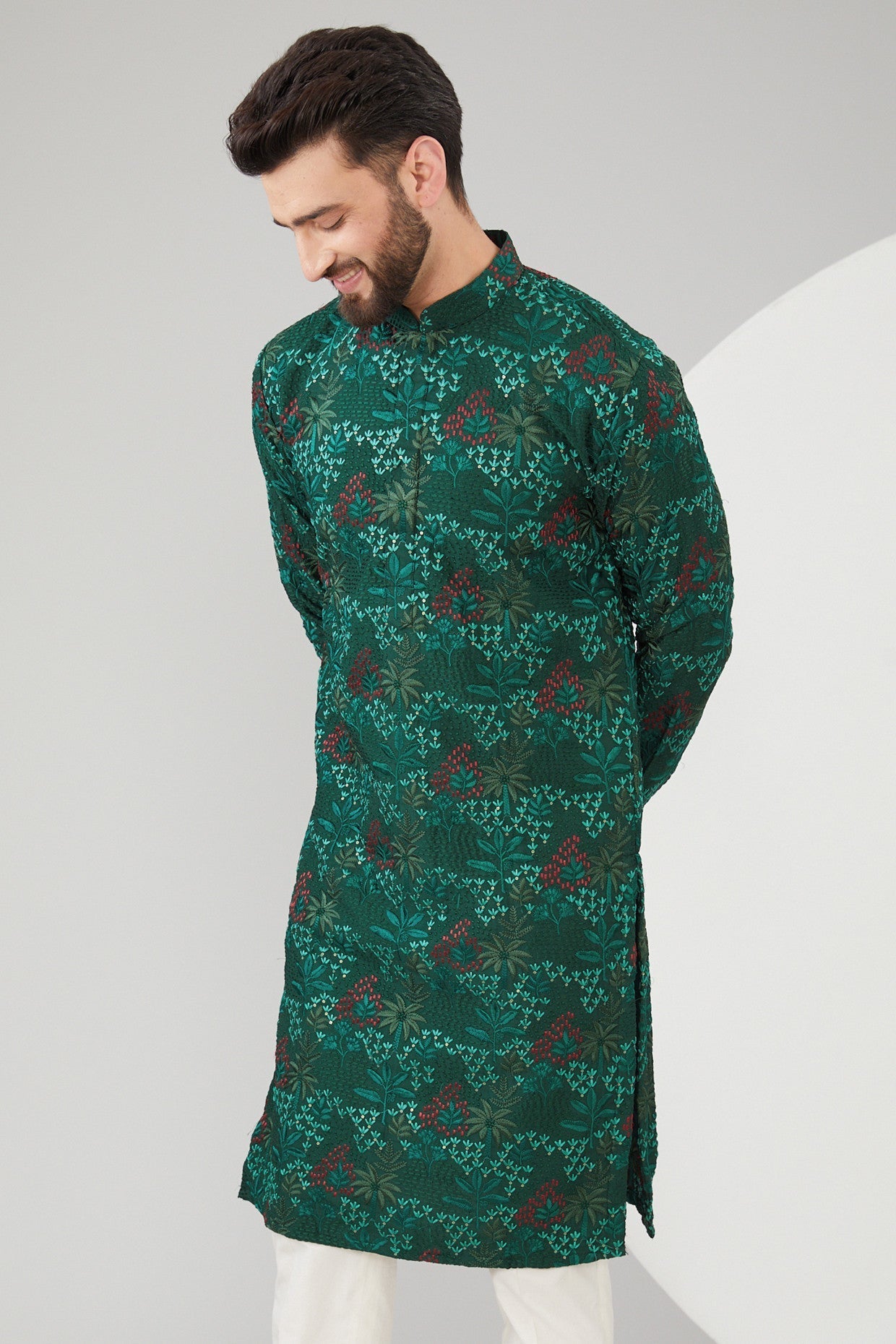 Bottle Green Silk Floral Embroidered Kurta - kasbahmen