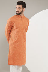 Rust Orange Floral Embroidered Kurta - kasbahmen