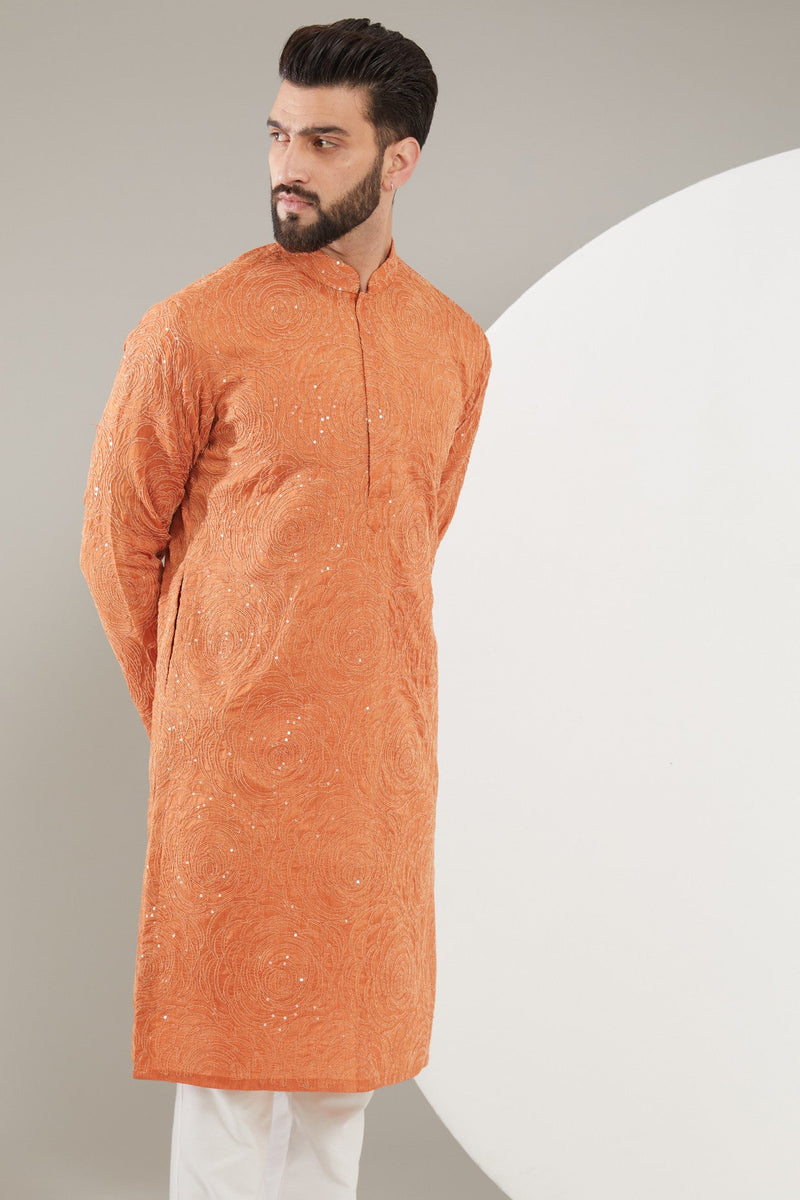 Rust Orange Floral Embroidered Kurta