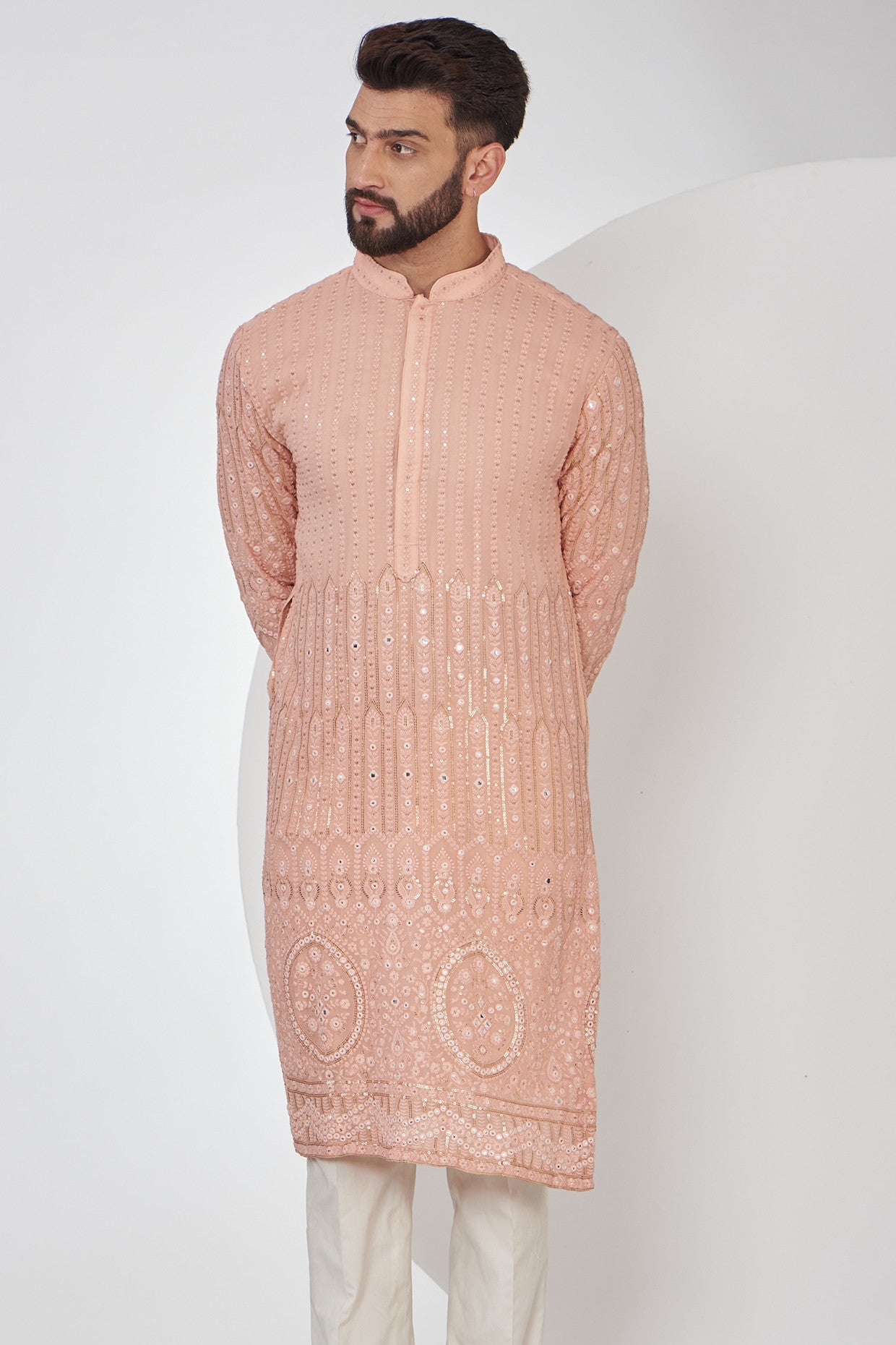 Peach Chikankari Kurta with intricate border embroidery - kasbahmen