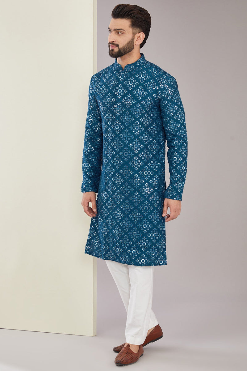 Signature Royal Blue Mirrorwork Kurta - kasbahmen