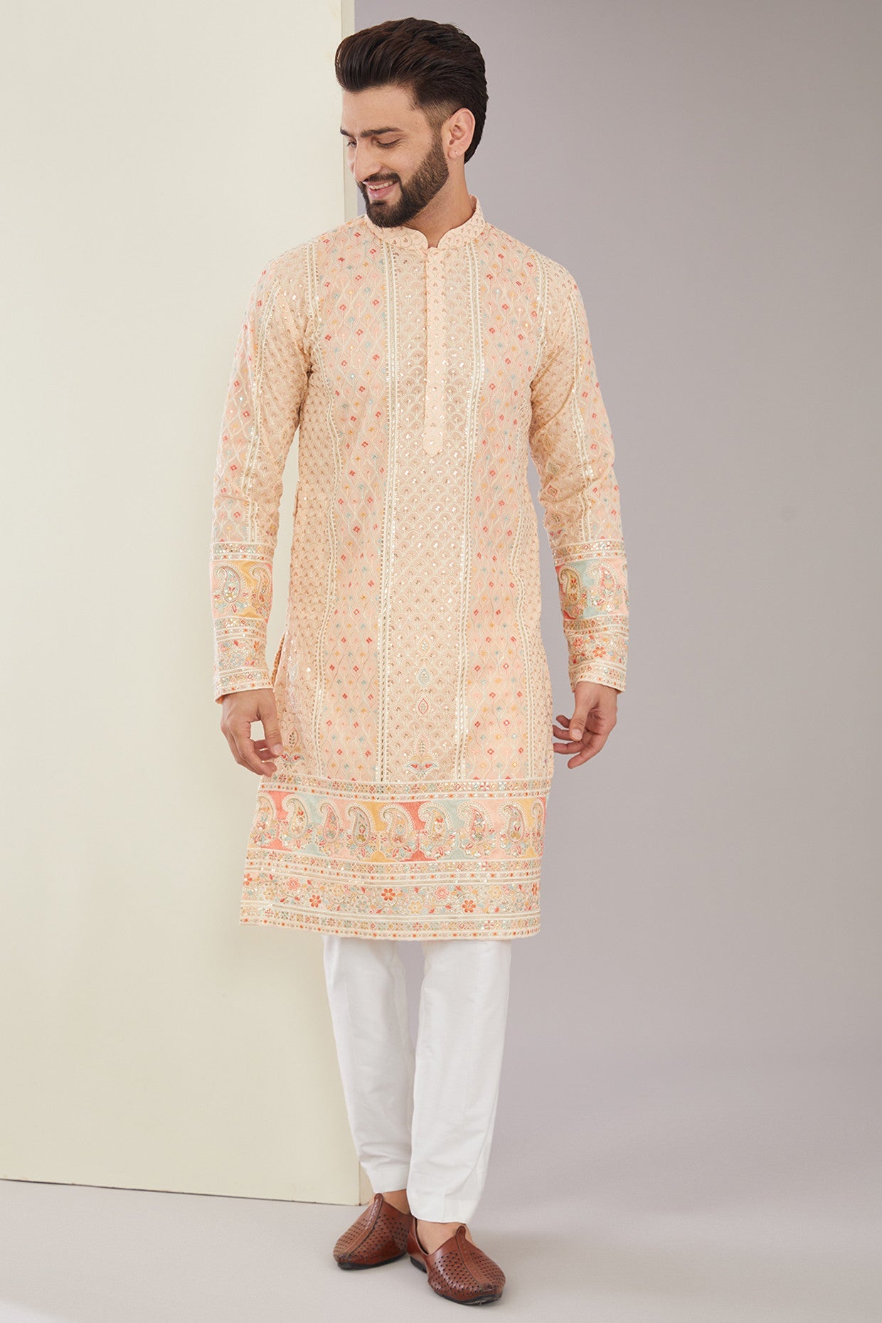 Peach Multi-embroidered Kurta - kasbahmen