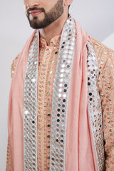 Peach Mirrorwork Kurta Paired with Mirrorwork Stole - kasbahmen