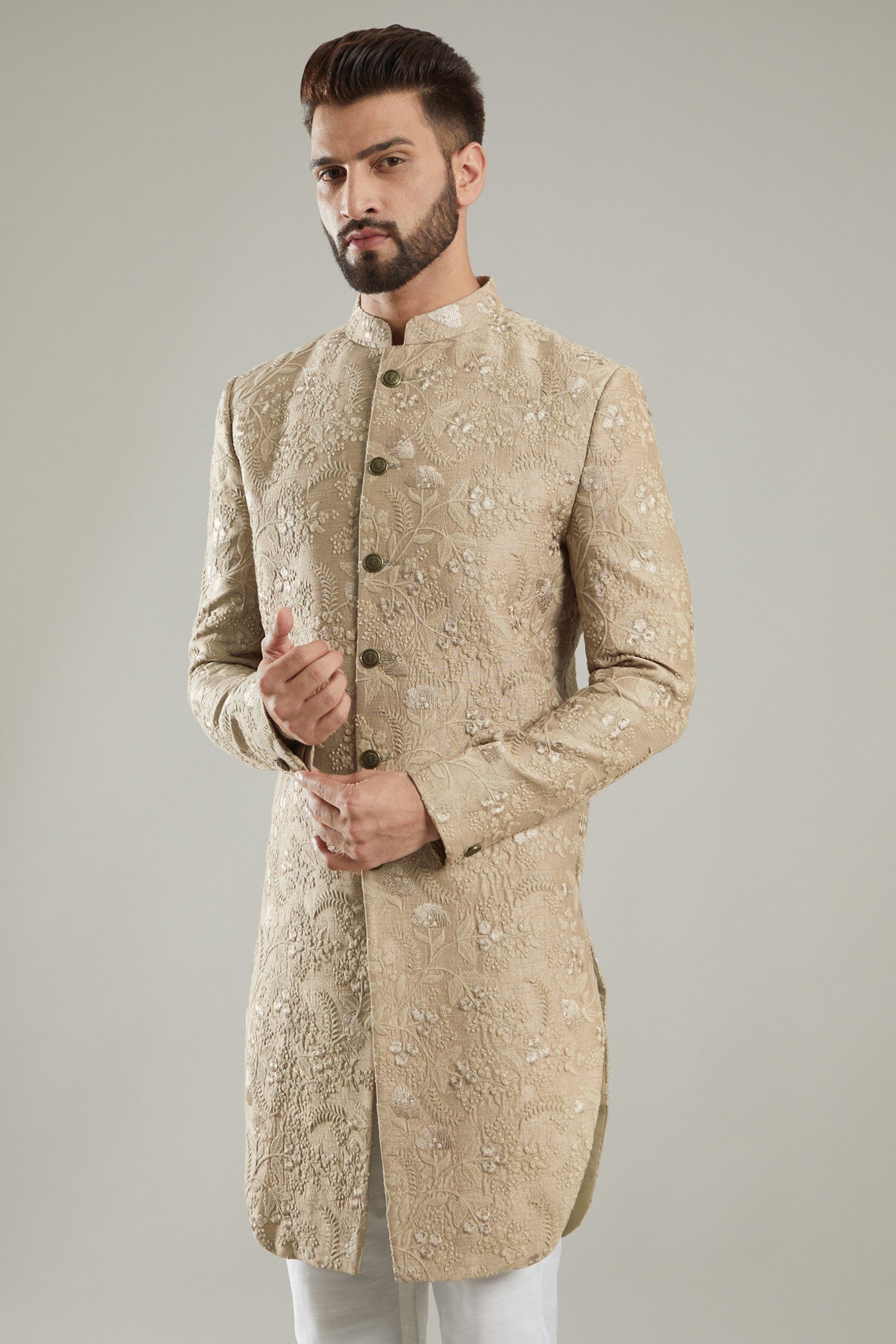 Brown Floral Embroidered Indo Western Jacket - kasbahmen