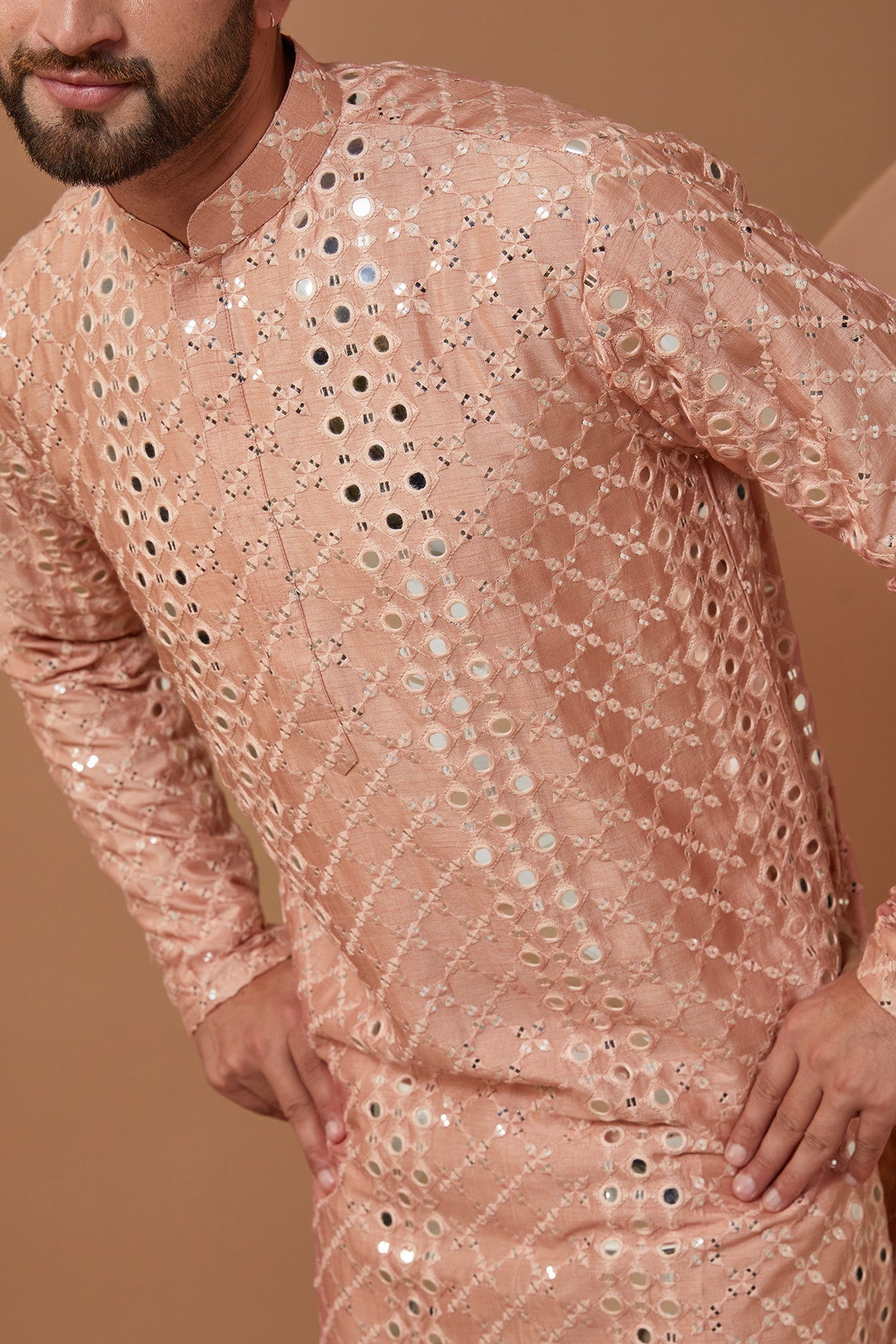 Peach Signature Mirrorwork Kurta - kasbahmen