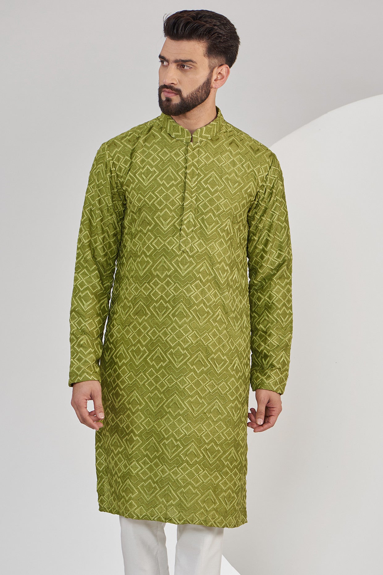 Parrot Green Geometricaly Embroidered Chikankari Kurta - kasbahmen