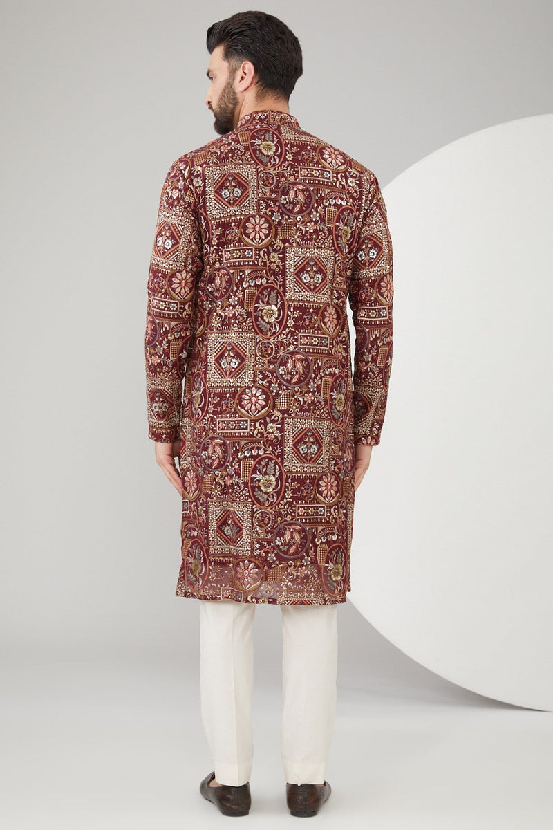 Maroon Georgette Floral Embroidered Kurta - kasbahmen