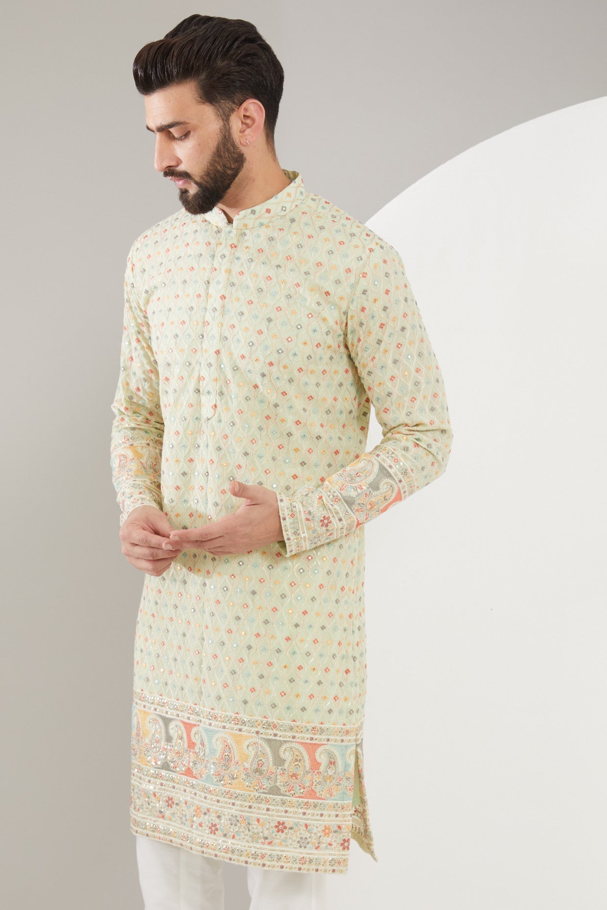 Sea-green Embroidered Kurta with Intricate Ghera - kasbahmen