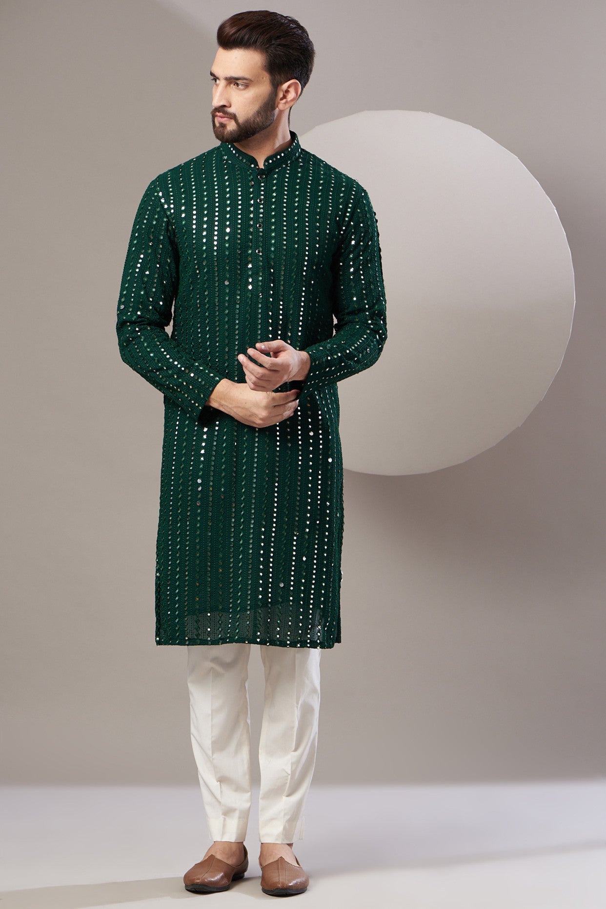 Formal bottle green mirror work kurta - kasbahmen