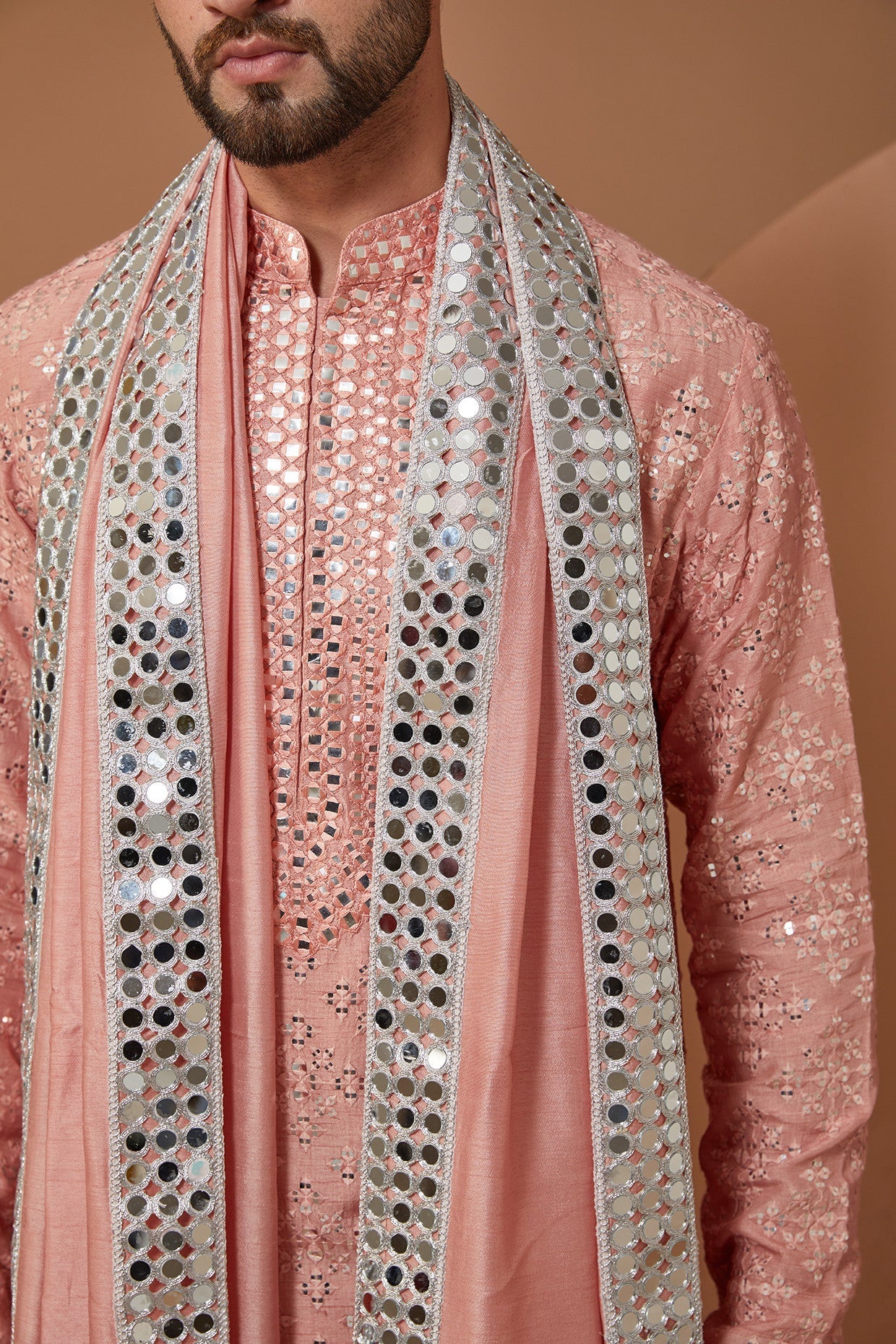 Peach Mirror work Kurta with Stole - kasbahmen