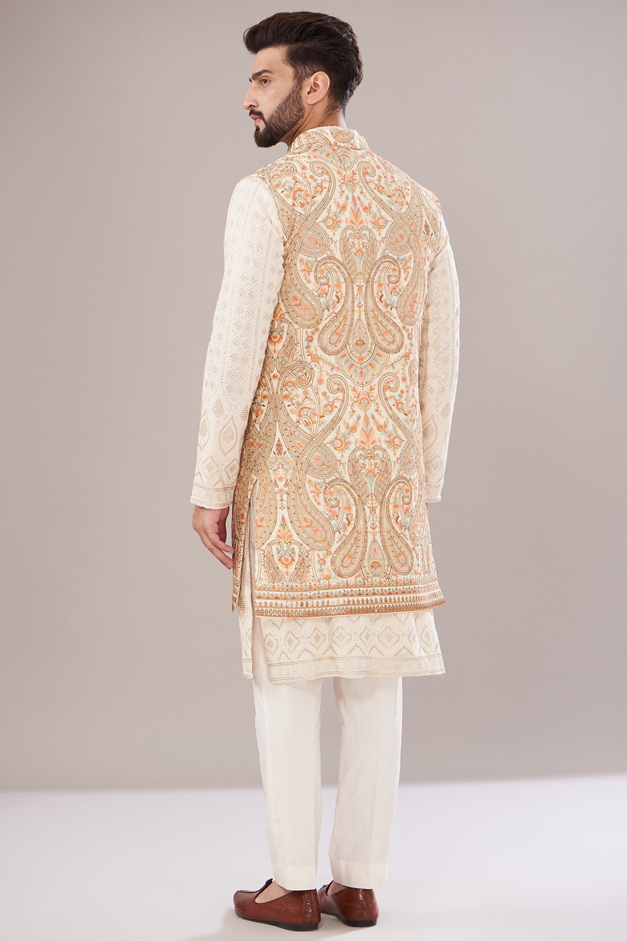 Ivory Georgette Embroidered Indowestern Jacket - kasbahmen