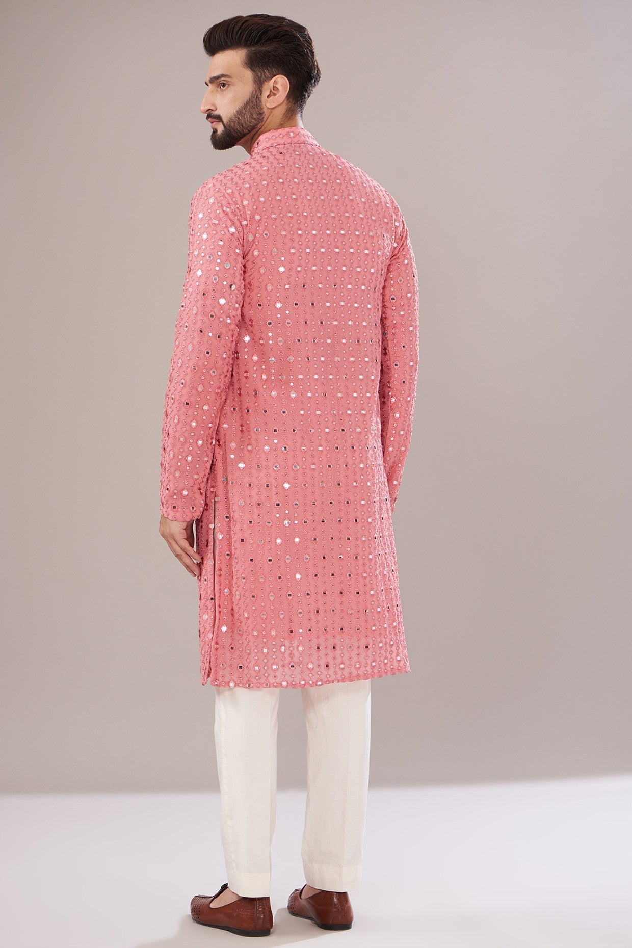 Coral Pink Georgette Embroidered Kurta - kasbahmen