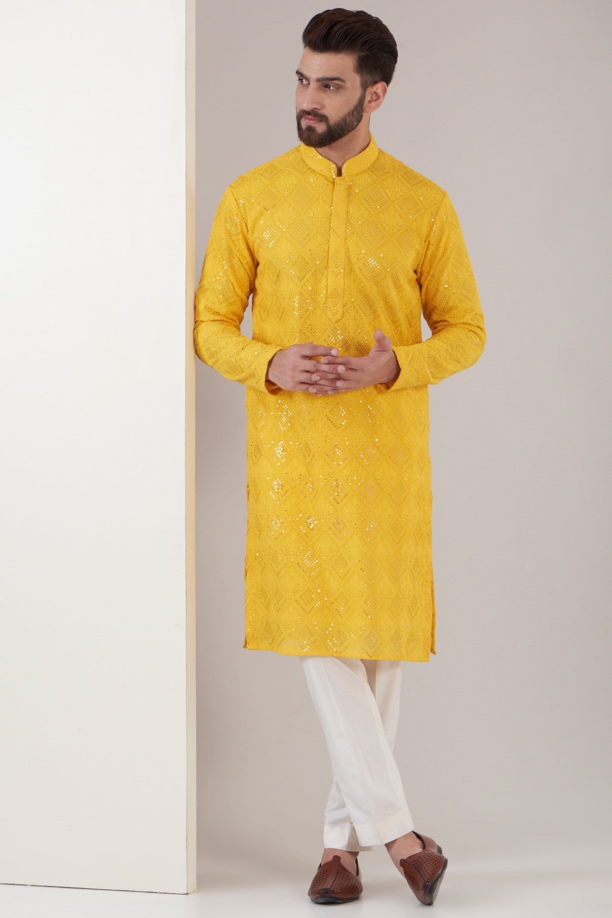 Yellow mustard chikankari kurta - kasbahmen