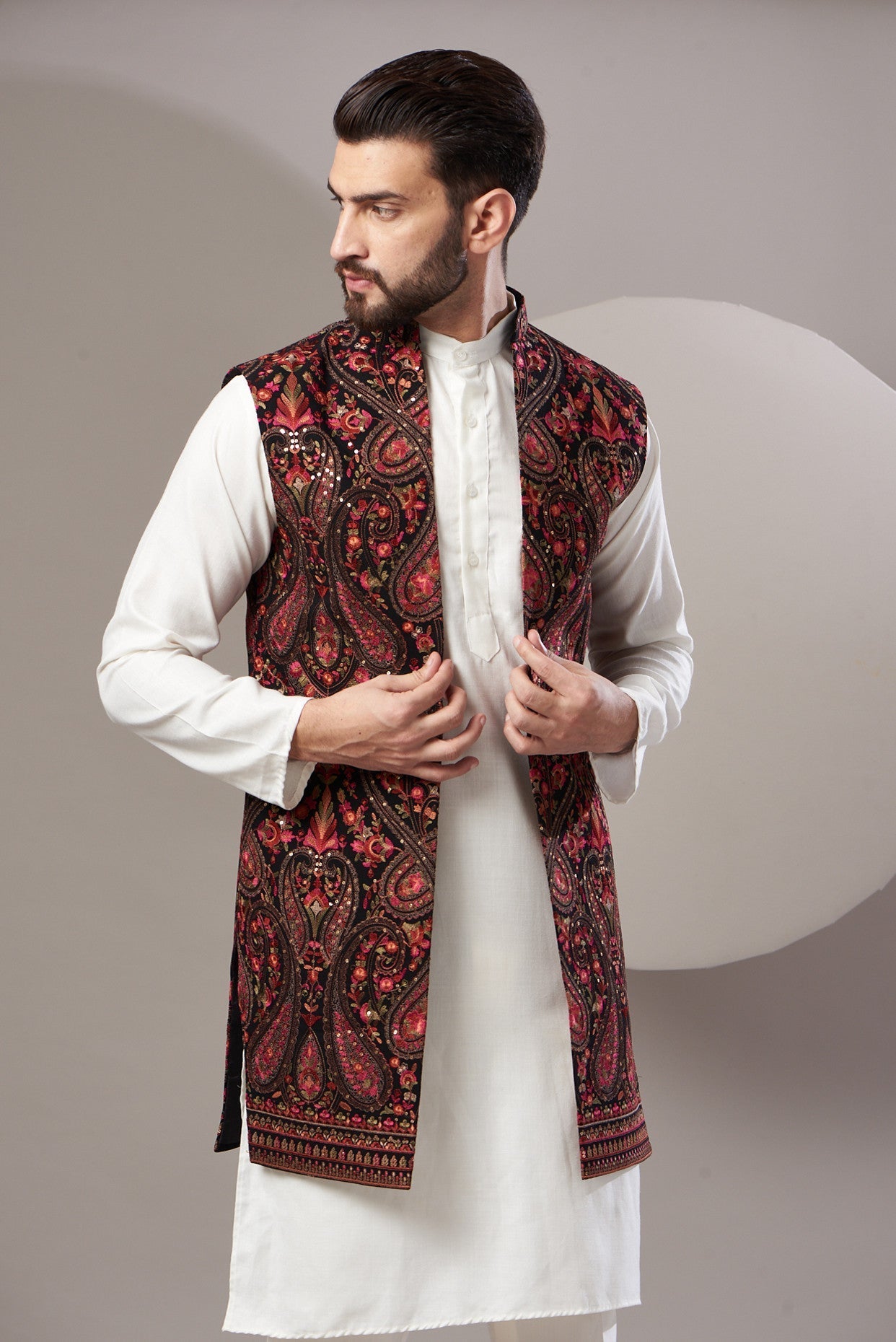 Formal jamawar embrodried long open jacket - kasbahmen