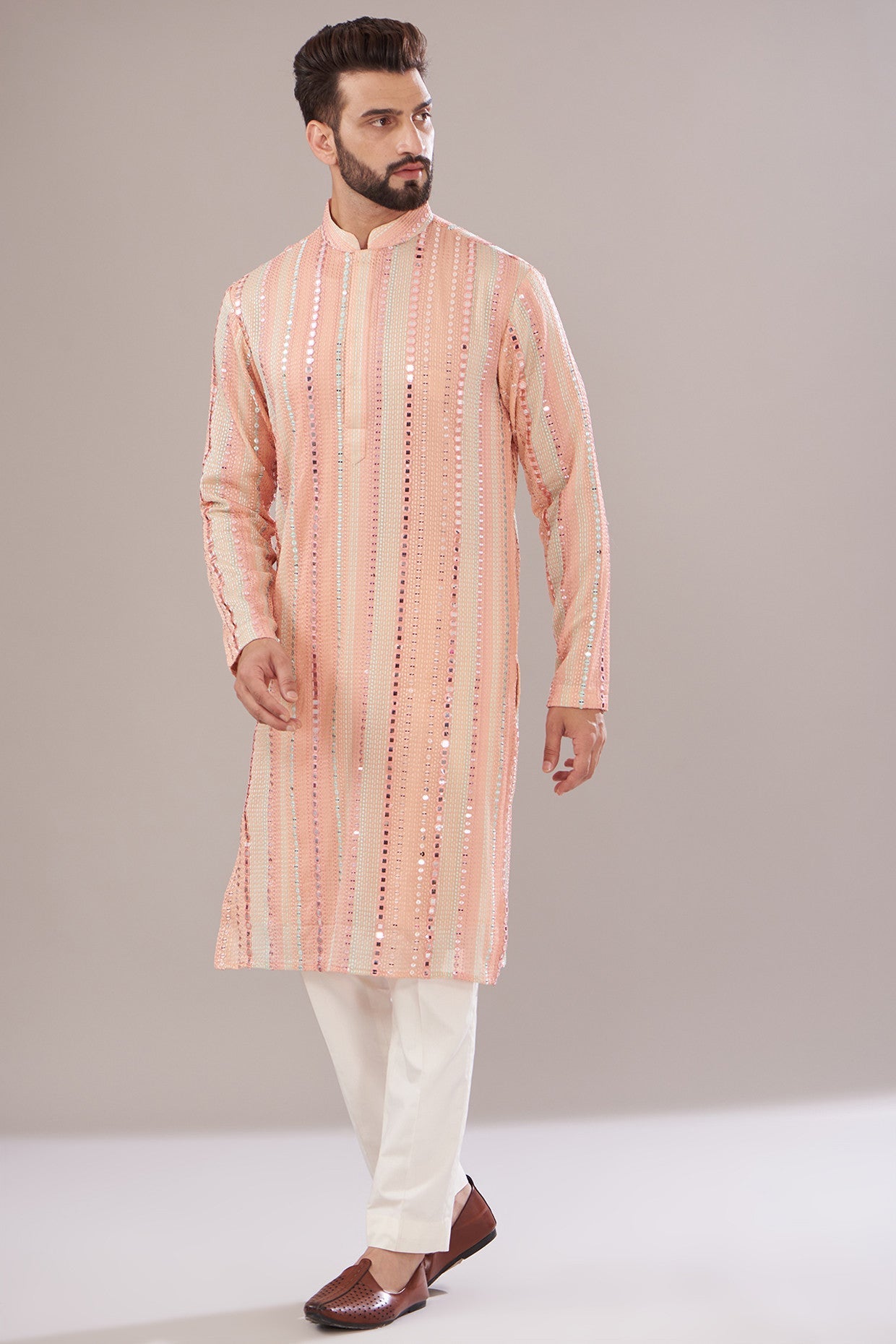 Peach Georgette Embroidered Kurta - kasbahmen