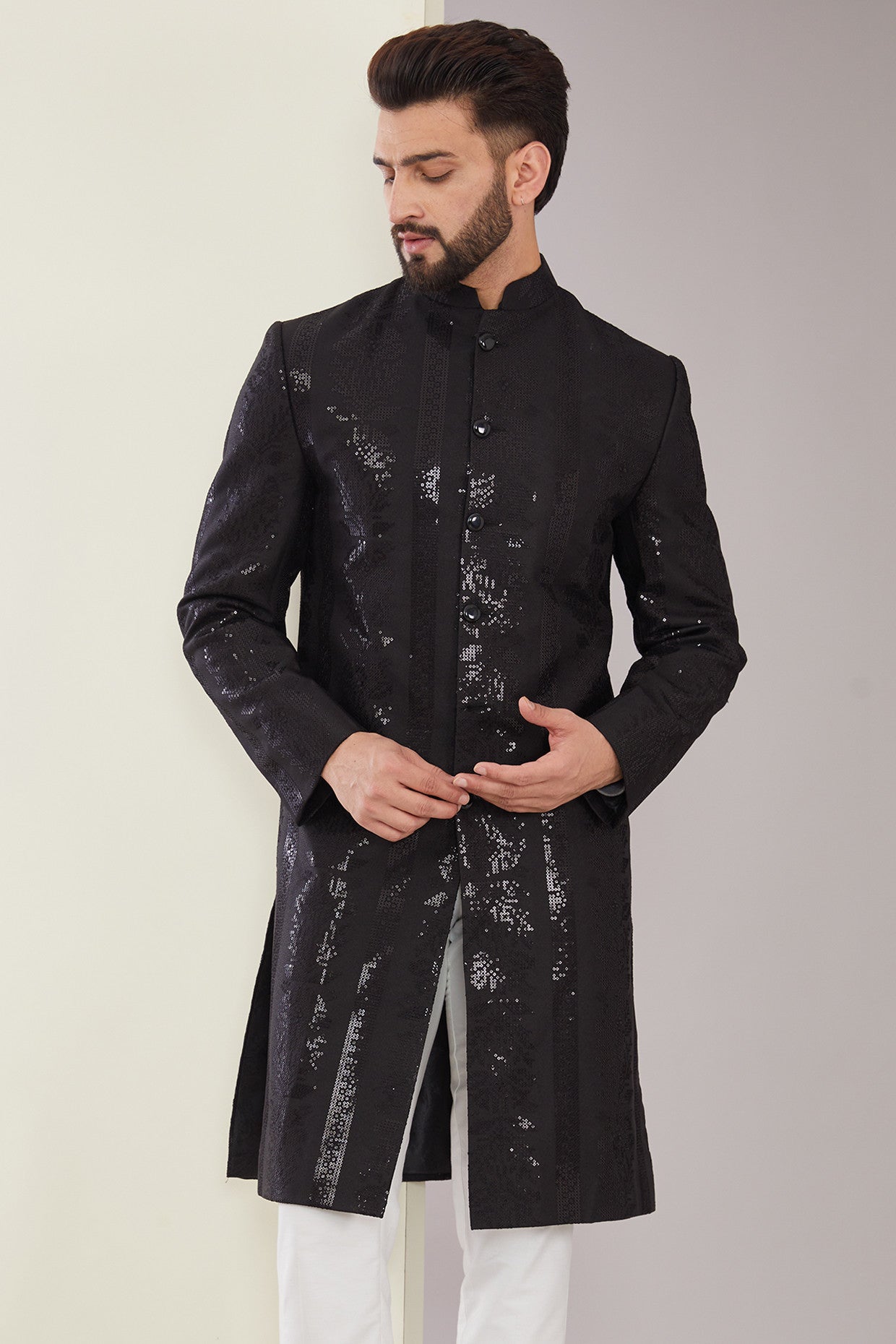 Formal Black Embroidered Long Sherwani - kasbahmen