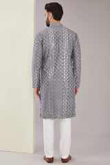 Signature Metallic Grey Mirrorwork Kurta - kasbahmen