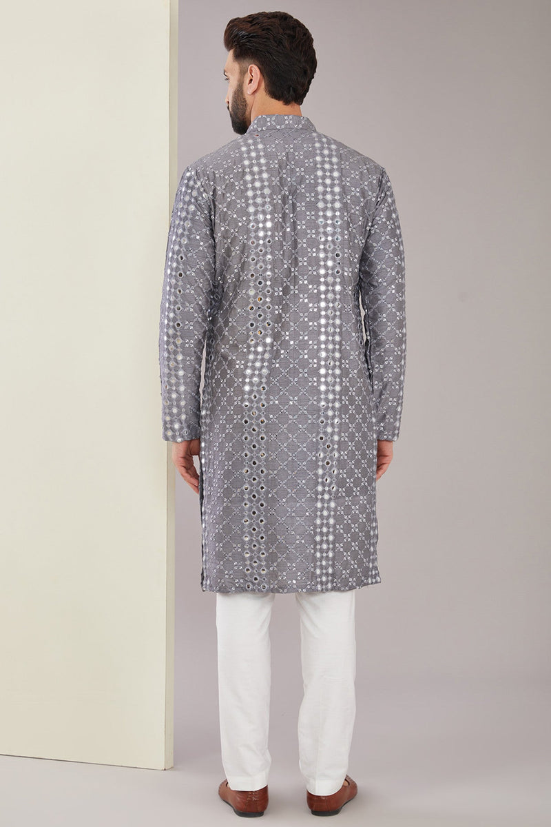 Signature Metallic Grey Mirrorwork Kurta - kasbahmen