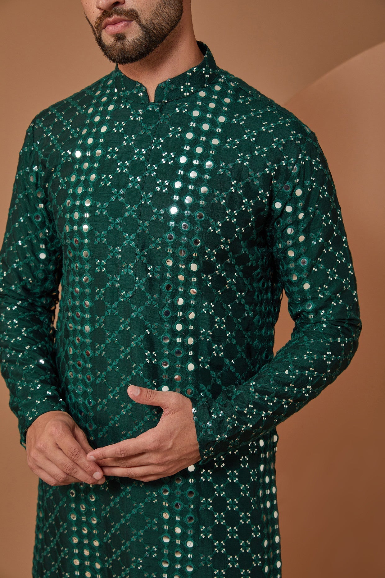 Signature Bottle Green Mirrorwork Kurta - kasbahmen