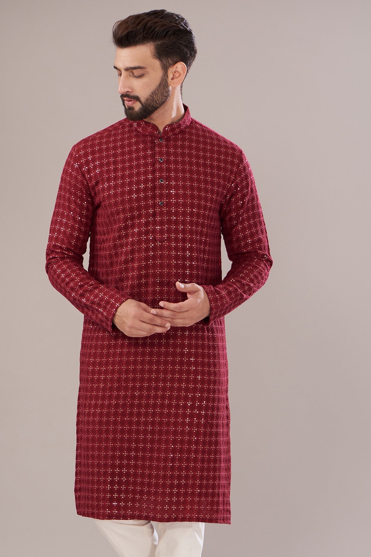 Red Silk Embroidered Kurta - kasbahmen