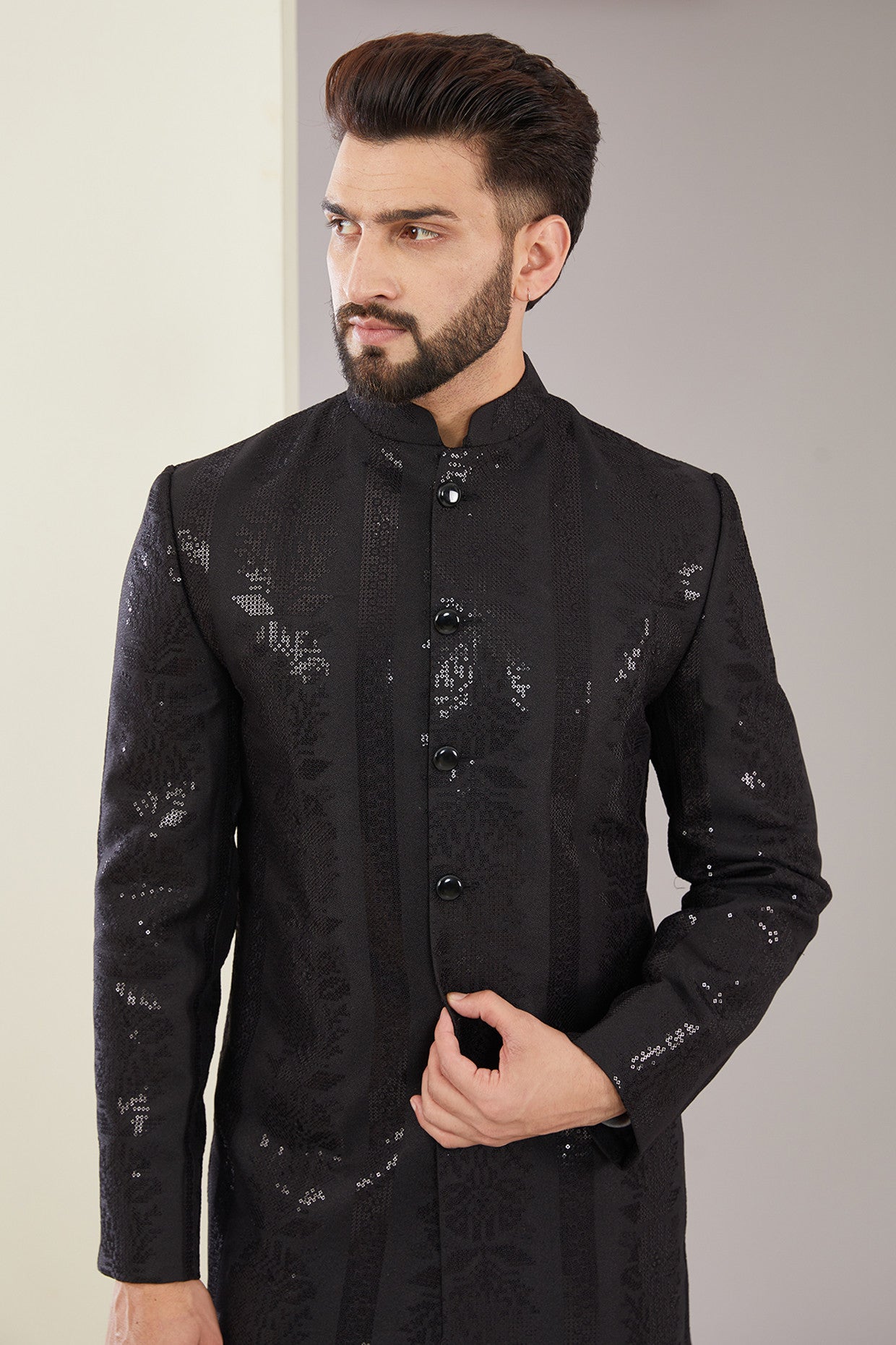 Formal Black Embroidered Long Sherwani - kasbahmen