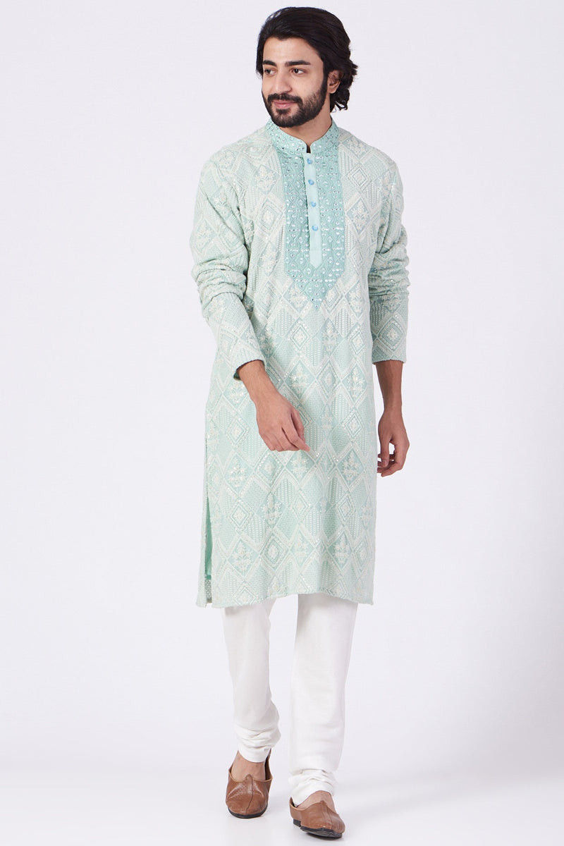 Sky Blue Hand Embroidered Kurta - kasbahmen