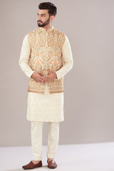 Ivory Georgette Embroidered Nehru Jacket - kasbahmen