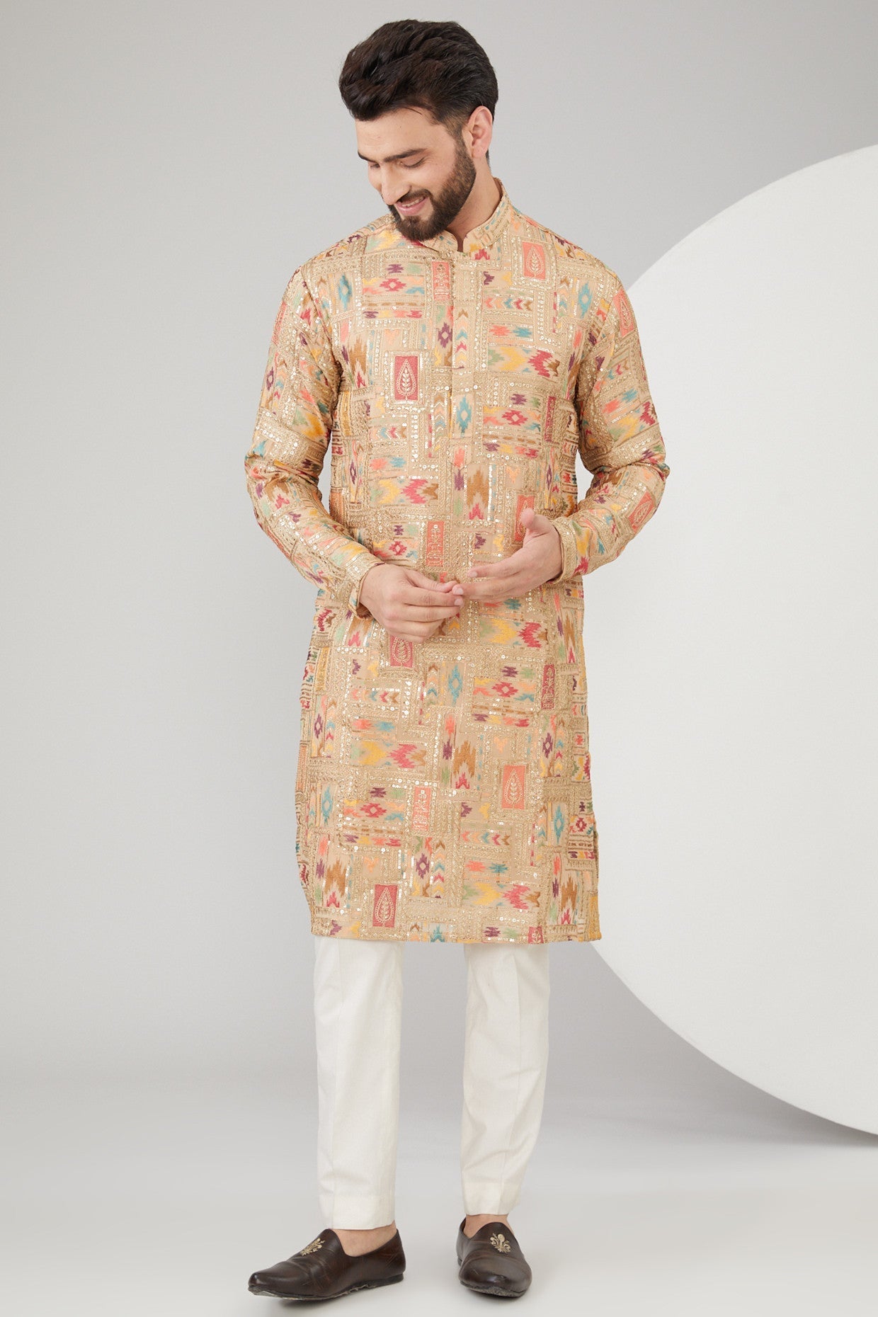 Beige Georgette Embroidered Kurta - kasbahmen