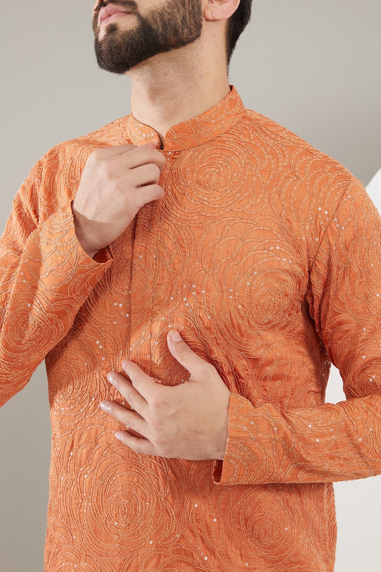 Rust Orange Floral Embroidered Kurta - kasbahmen