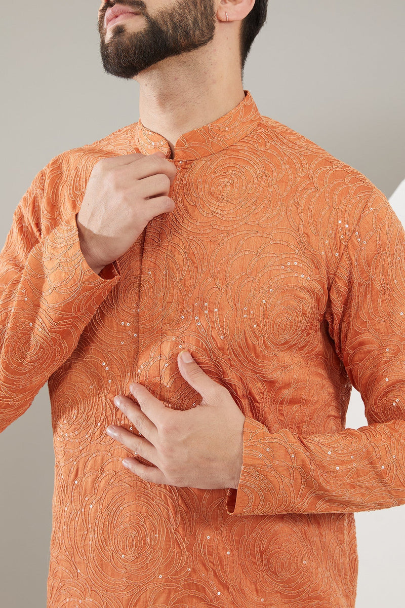 Rust Orange Floral Embroidered Kurta