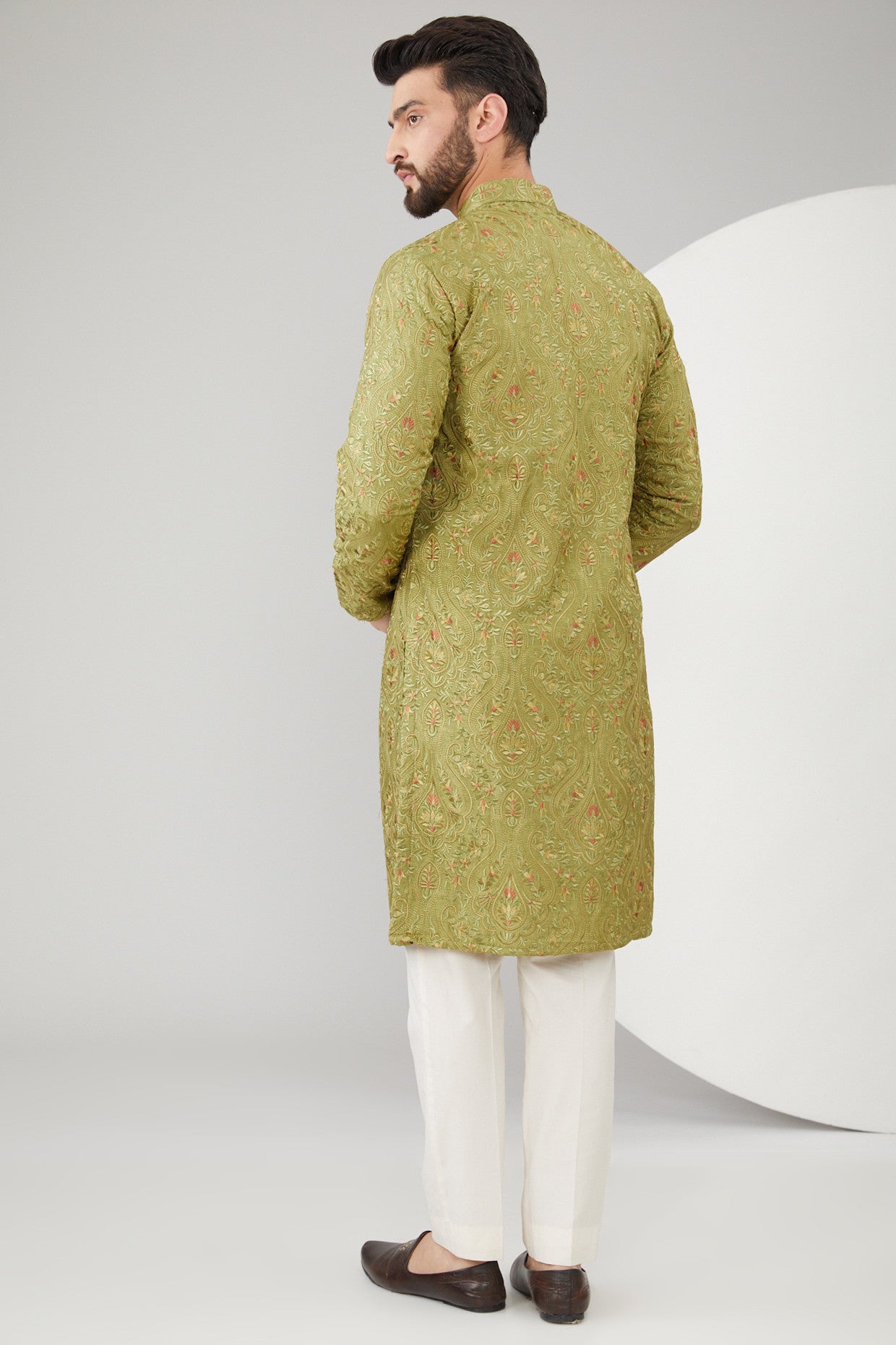 Mehendi Green Silk Kashmiri Embroidered Kurta - kasbahmen