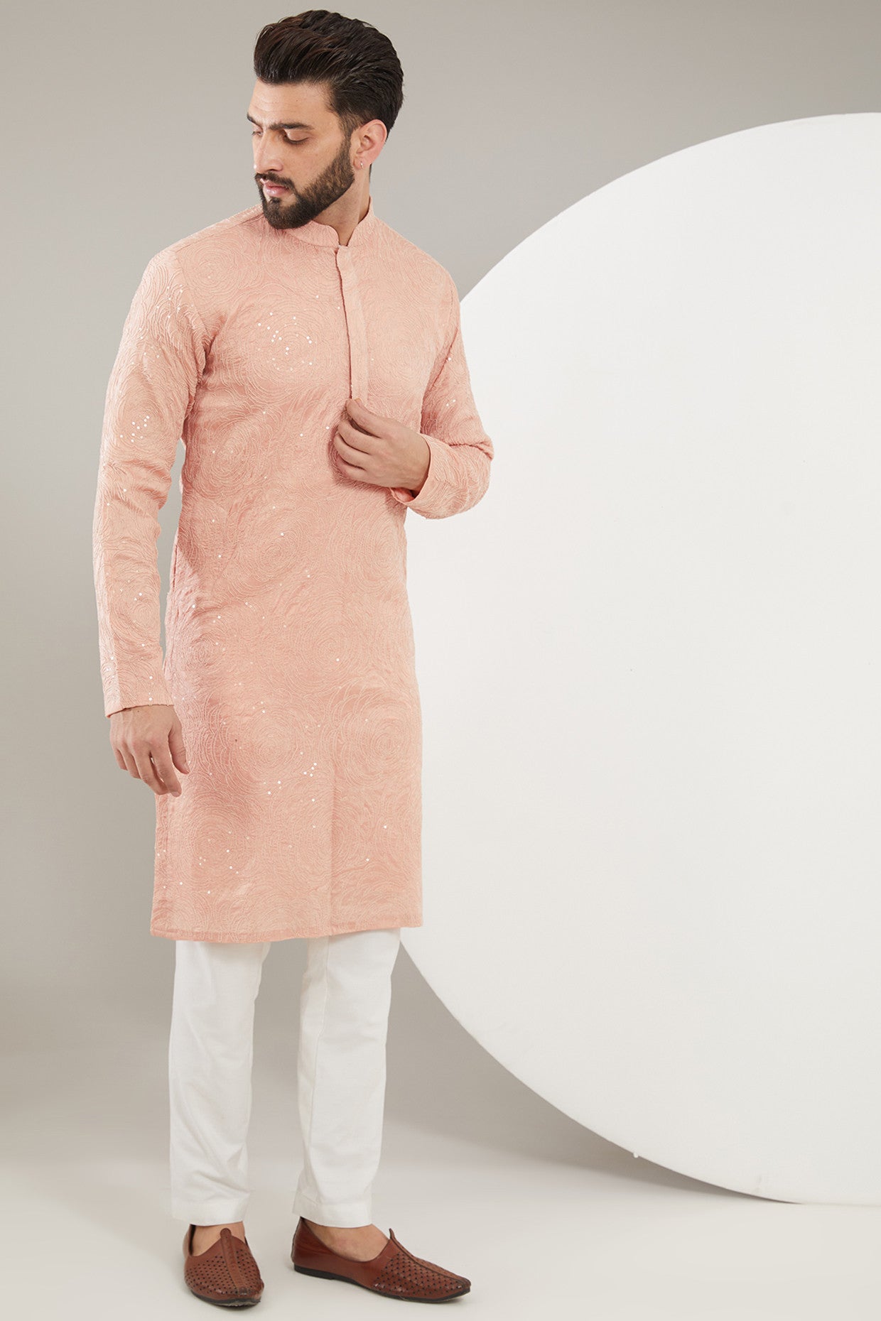 Peach Chikankari Kurta with Intricate Floral Embroidary - kasbahmen