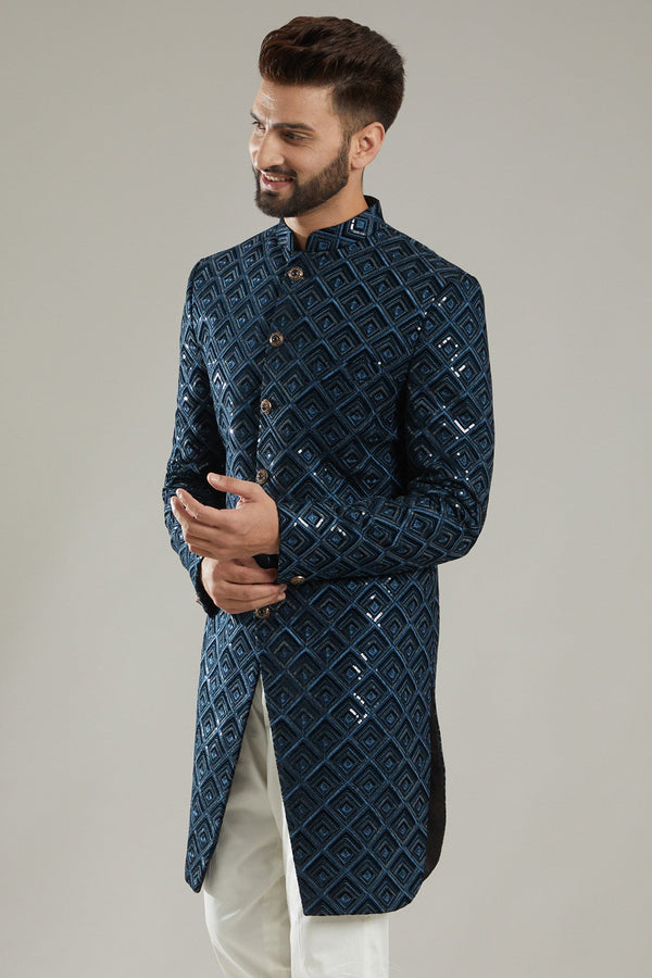 Cobalt Blue Velvet Indo Western Jacket - kasbahmen