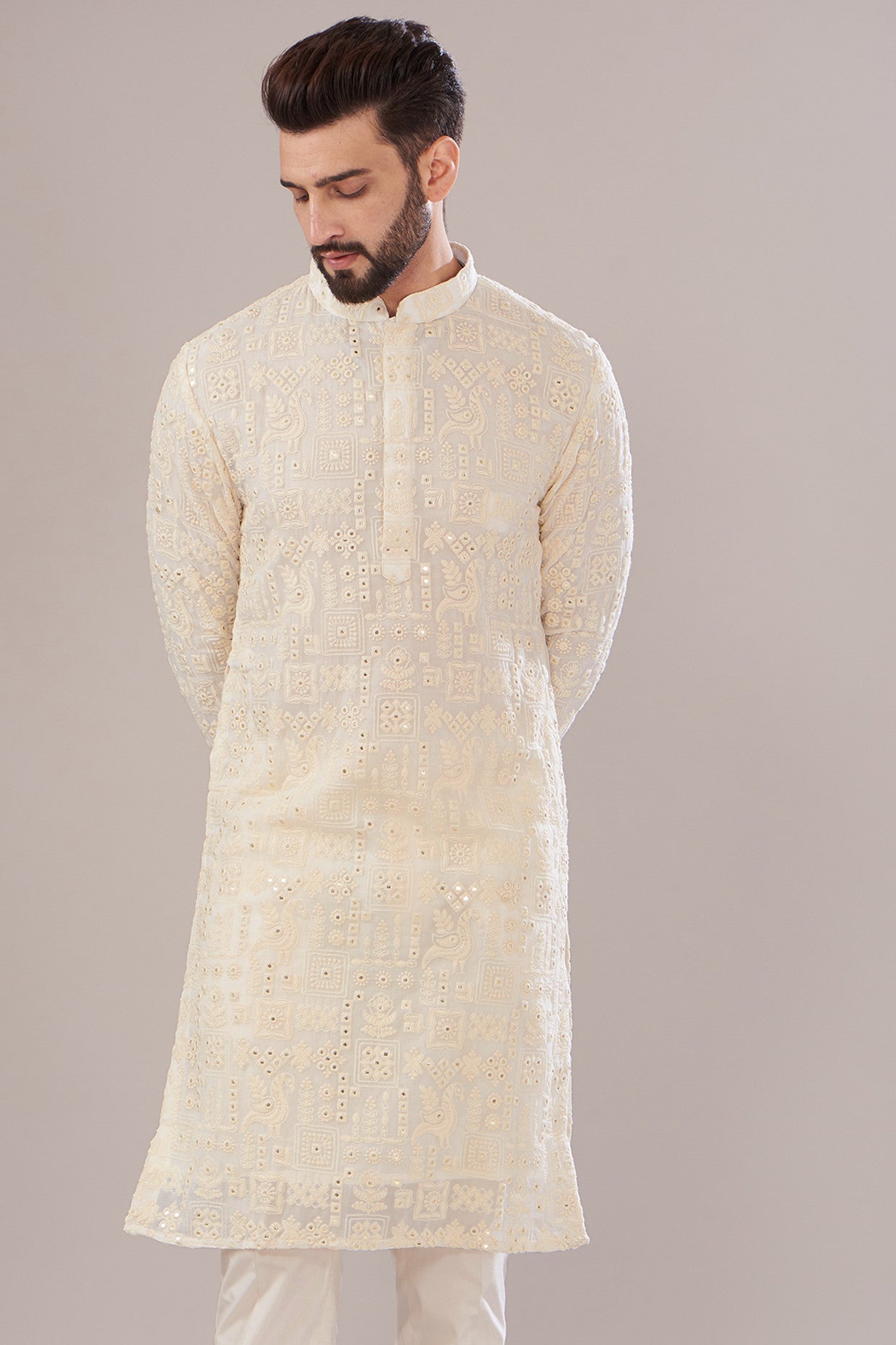 White Georgette Embroidered Kurta - kasbahmen