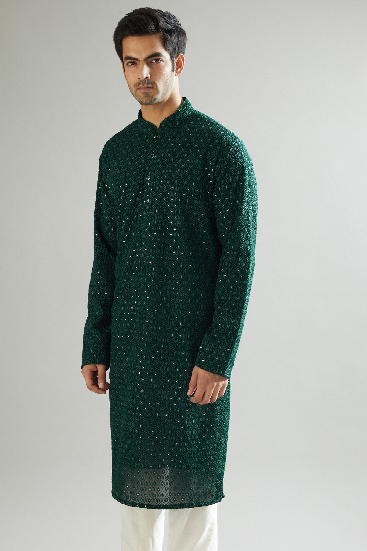 Bottle Green Embroidered Kurta - kasbahmen