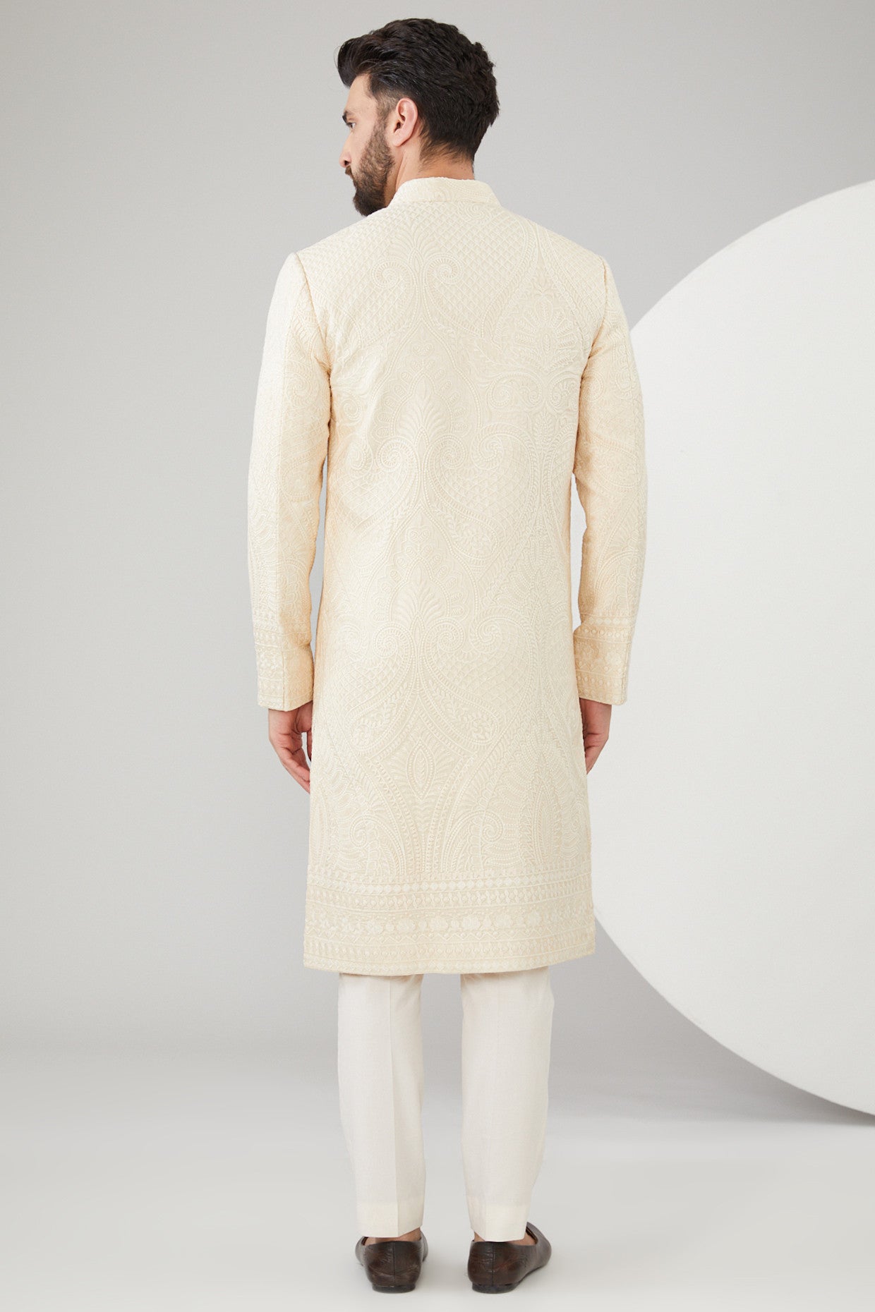 Beige Silk Kalamkari Embroidered Sherwani - kasbahmen