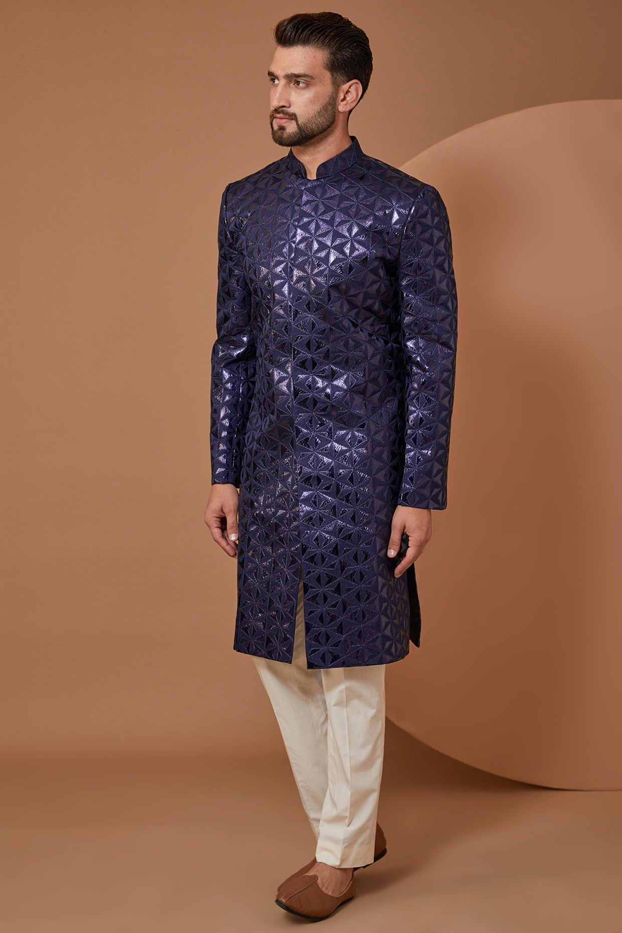 Blue Leather Cut Indowestern - kasbahmen