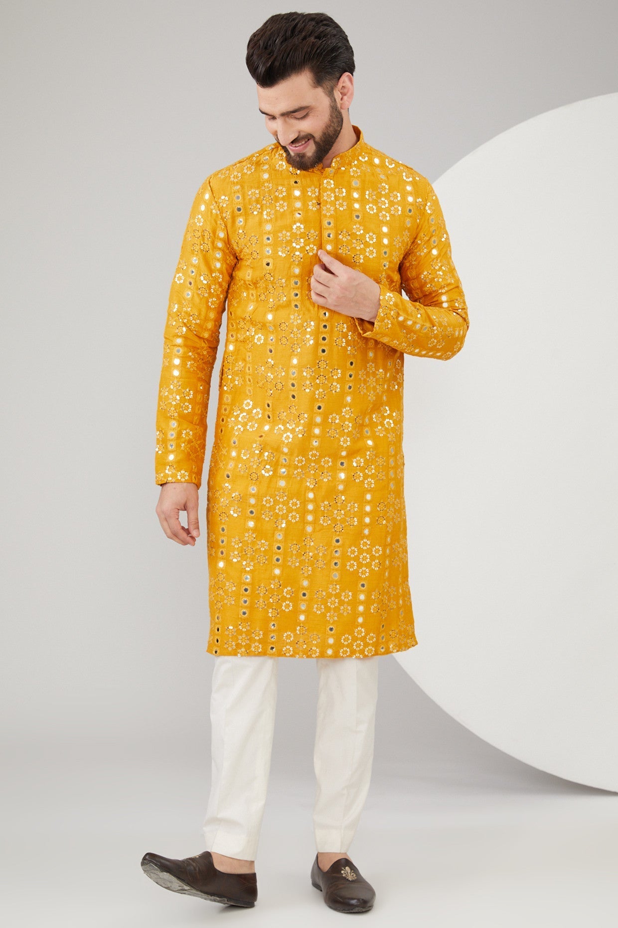 Mustard Silk Mirror Work Kurta - kasbahmen