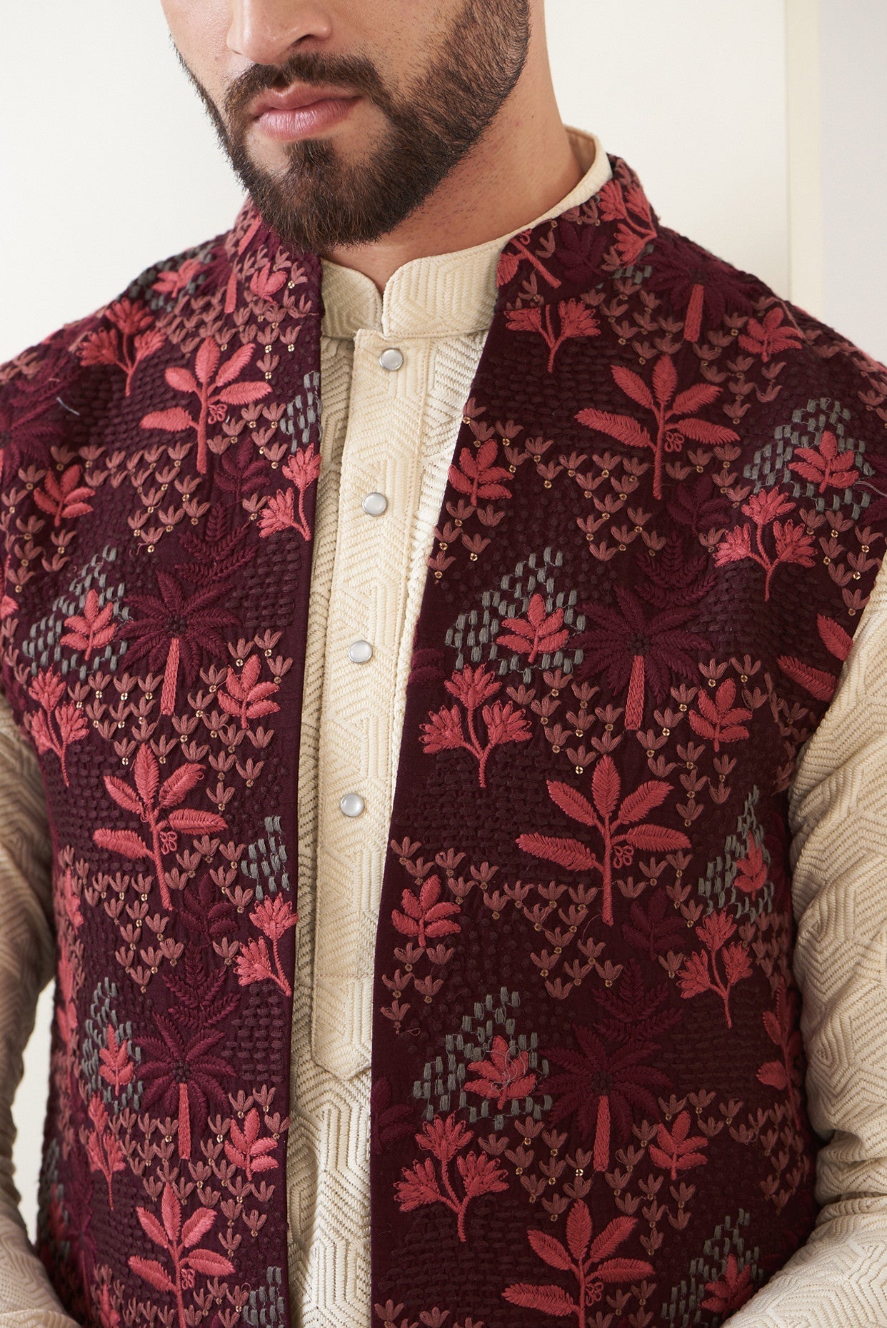 Maroon Embroidred Long Jacket - kasbahmen