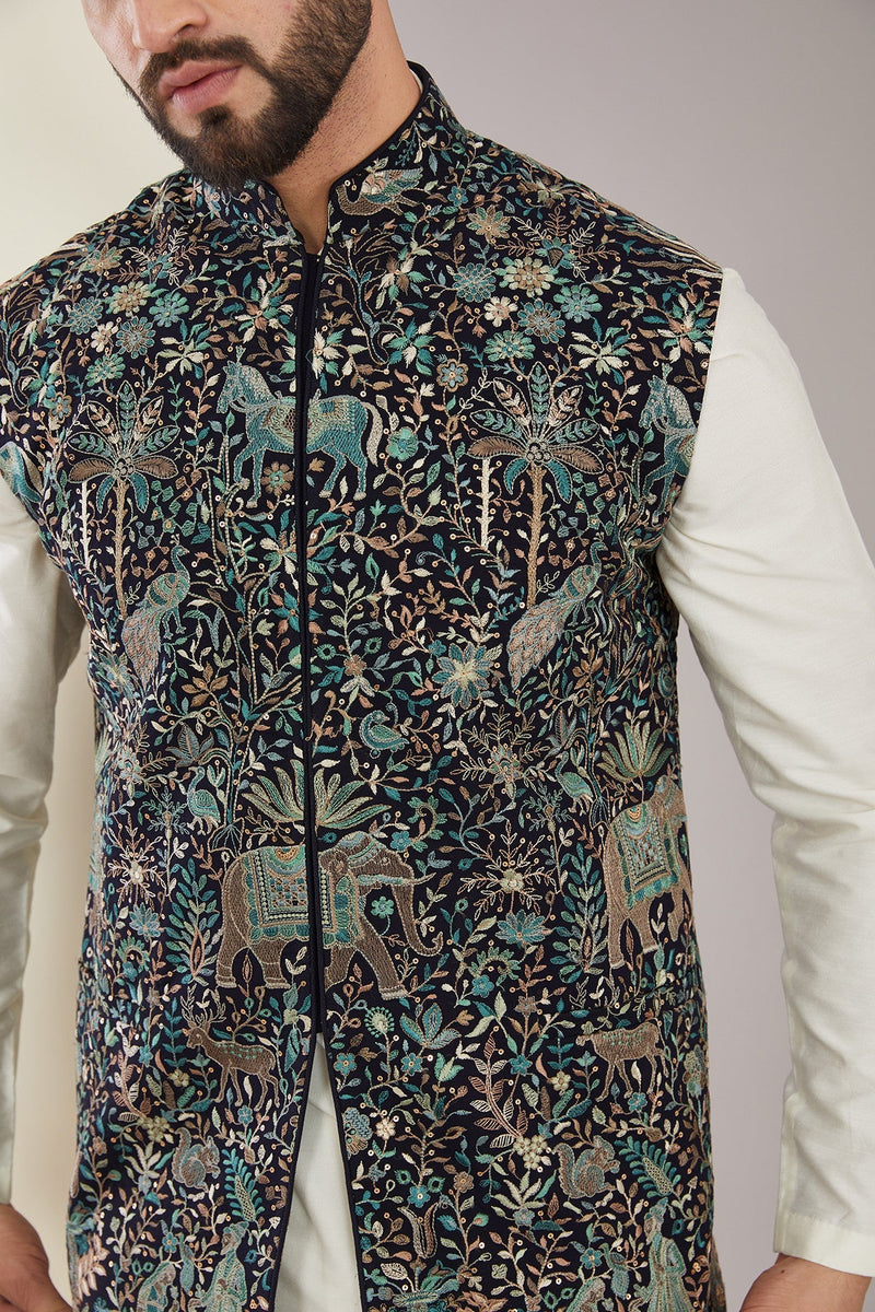 Kashmiri Embroidered Short Nehru Jacket - kasbahmen